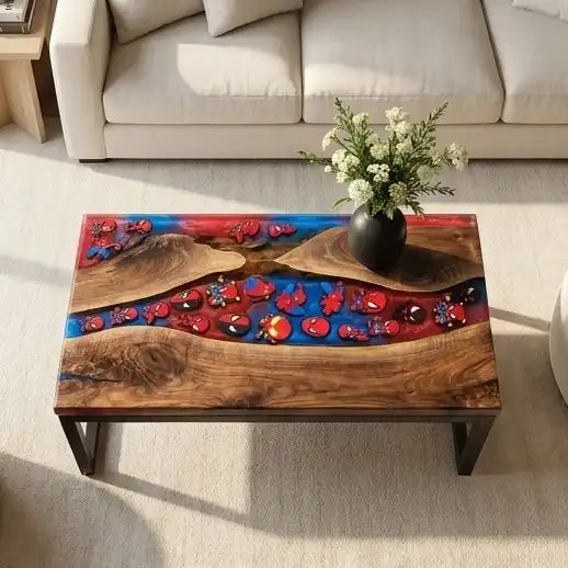 Walnut & Red-Blue Retro Figure Resin Round Coffee Table WBT55