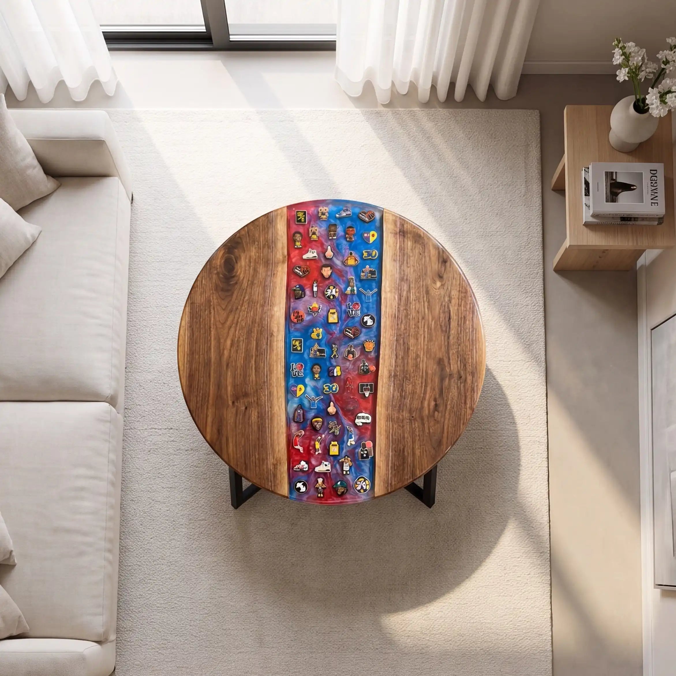 Walnut & Red-Blue Sports Figure Resin Round Coffee Table BRT54