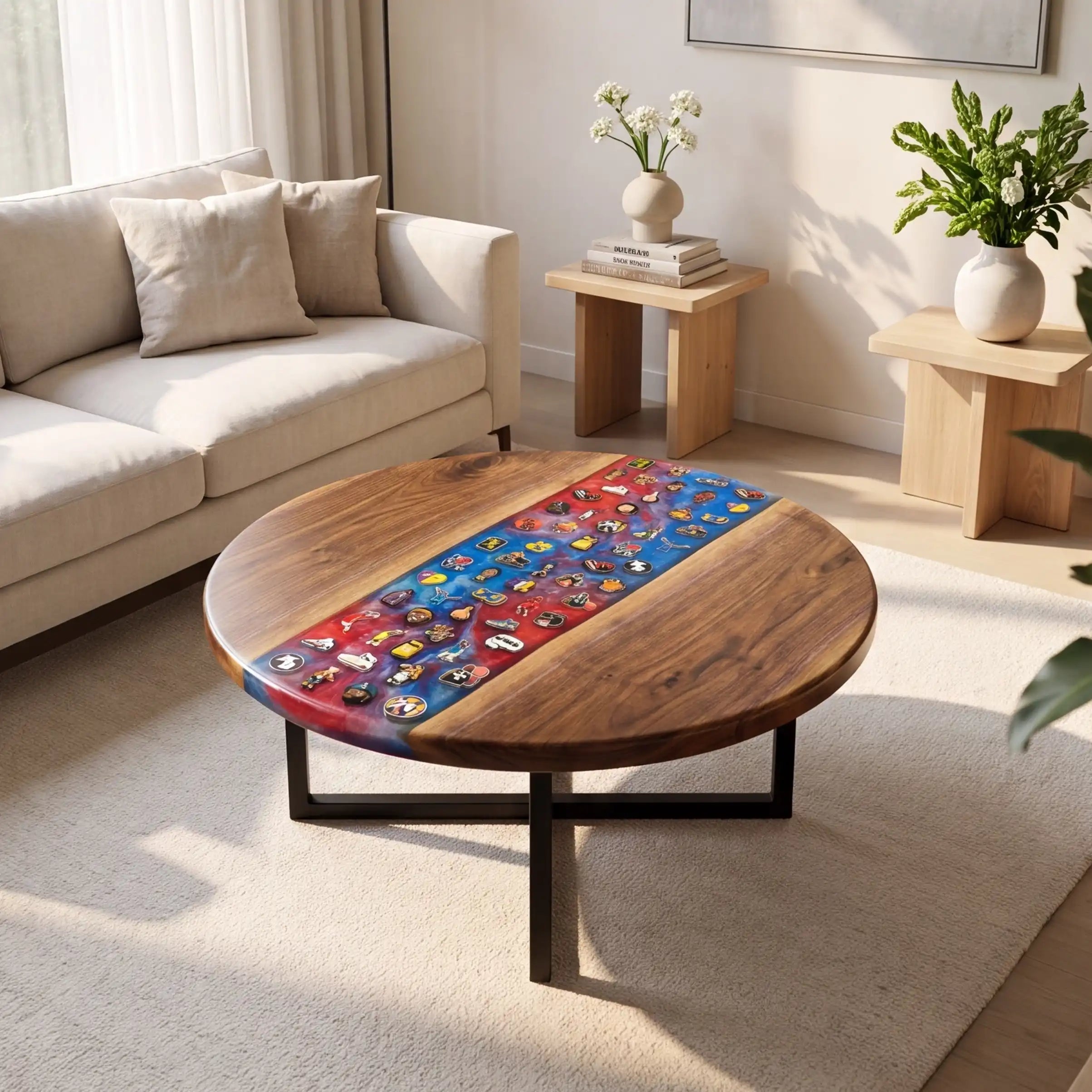 Walnut & Red-Blue Sports Figure Resin Round Coffee Table BRT54