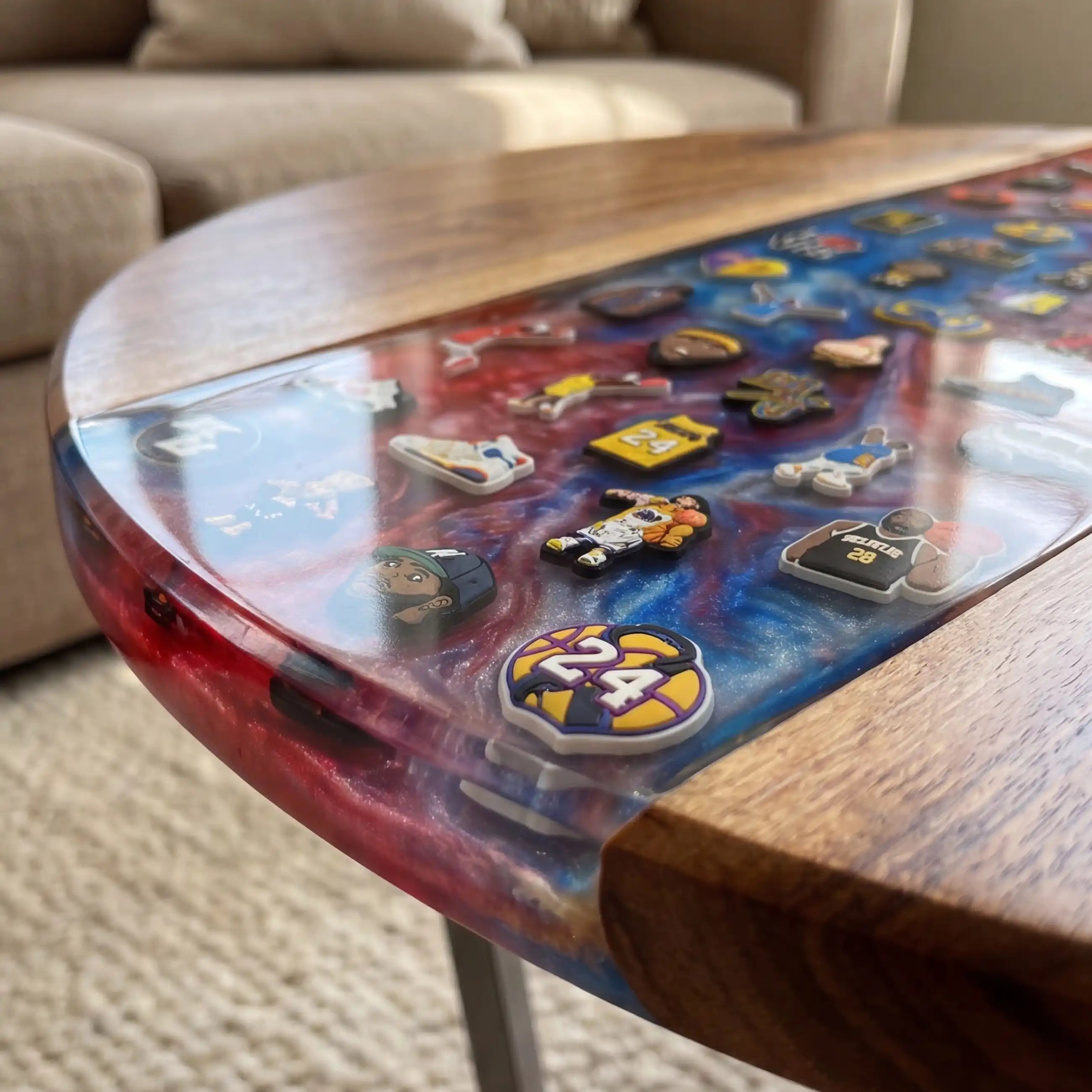 Walnut & Red-Blue Sports Figure Resin Round Coffee Table BRT54