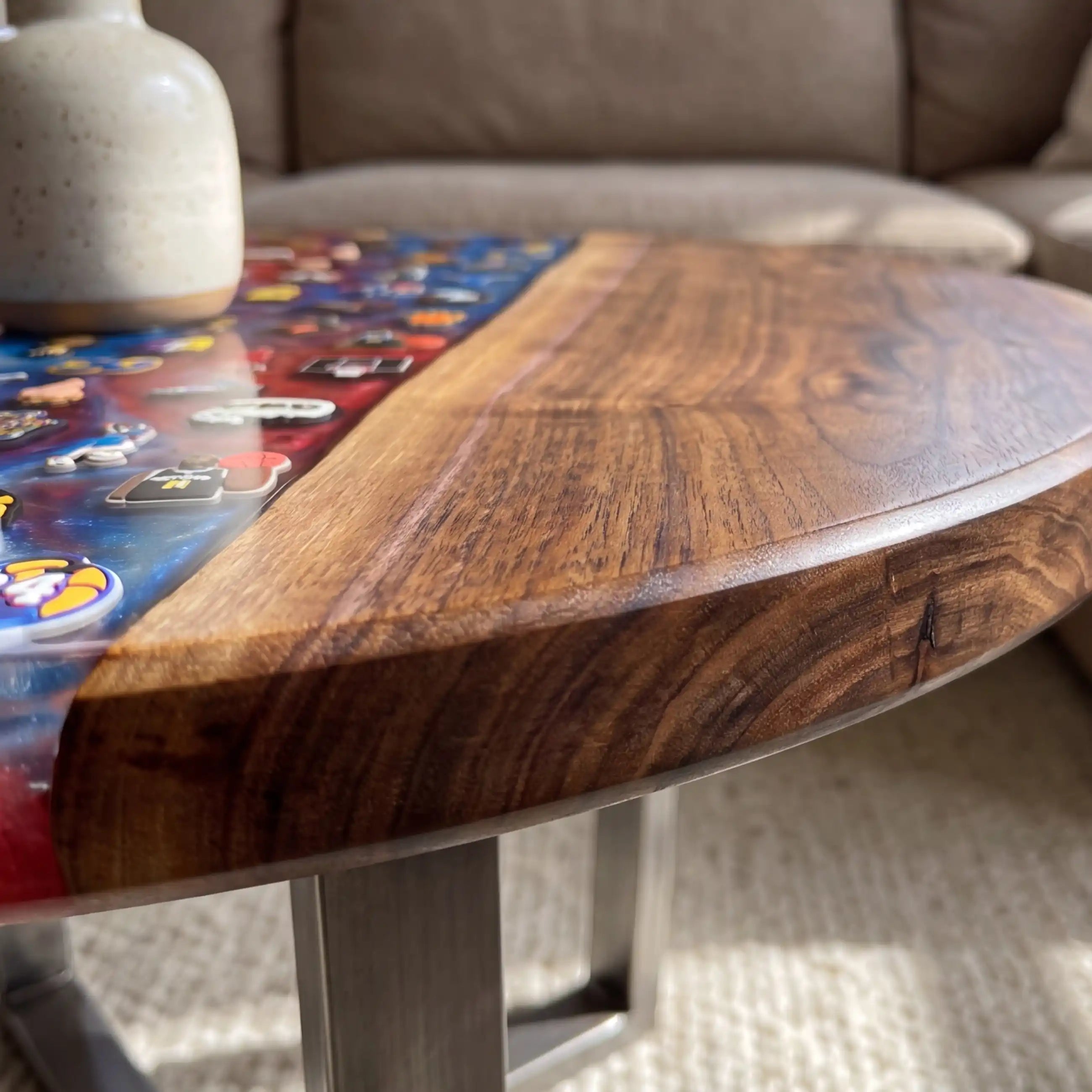 Walnut & Red-Blue Sports Figure Resin Round Coffee Table BRT54