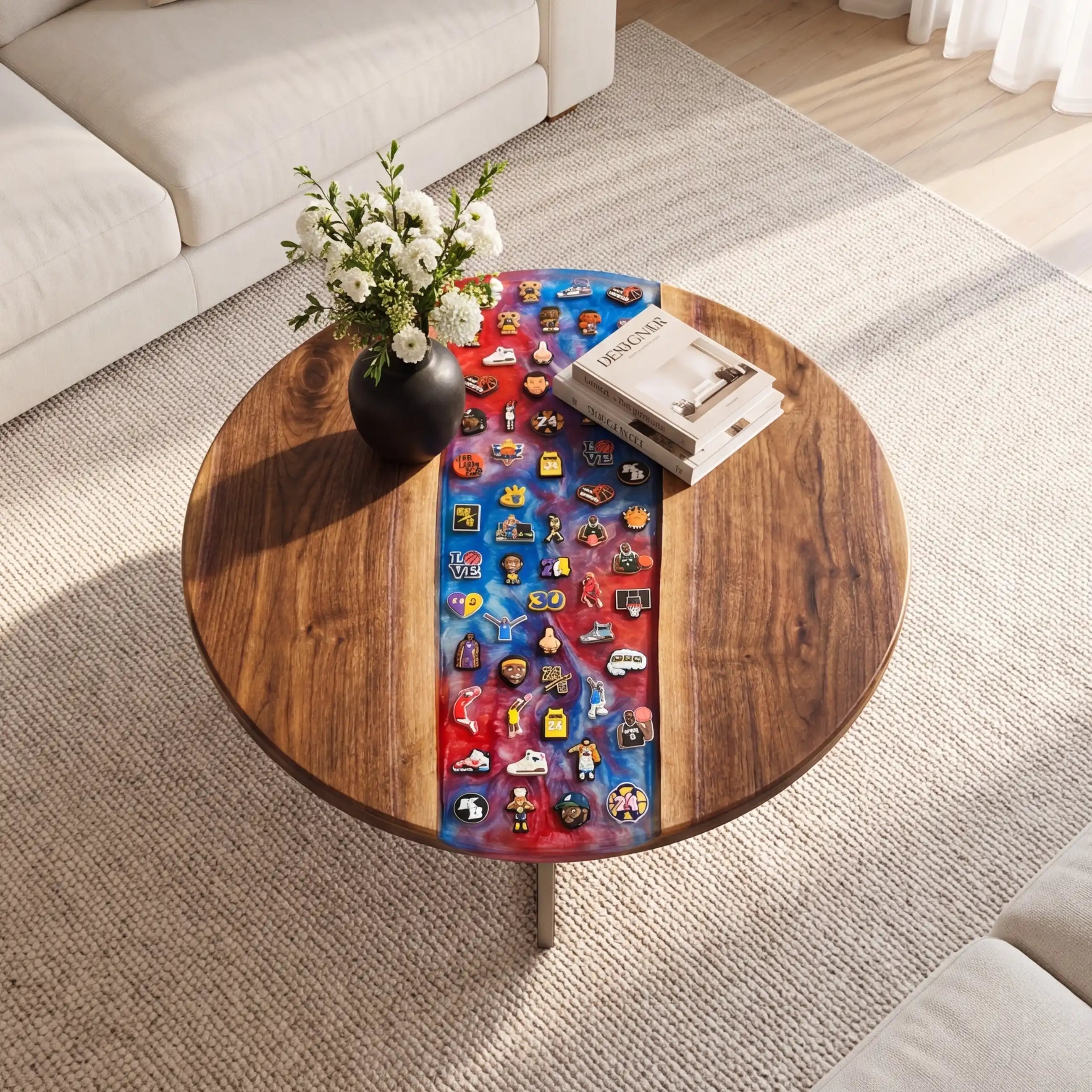 Walnut & Red-Blue Sports Figure Resin Round Coffee Table BRT54