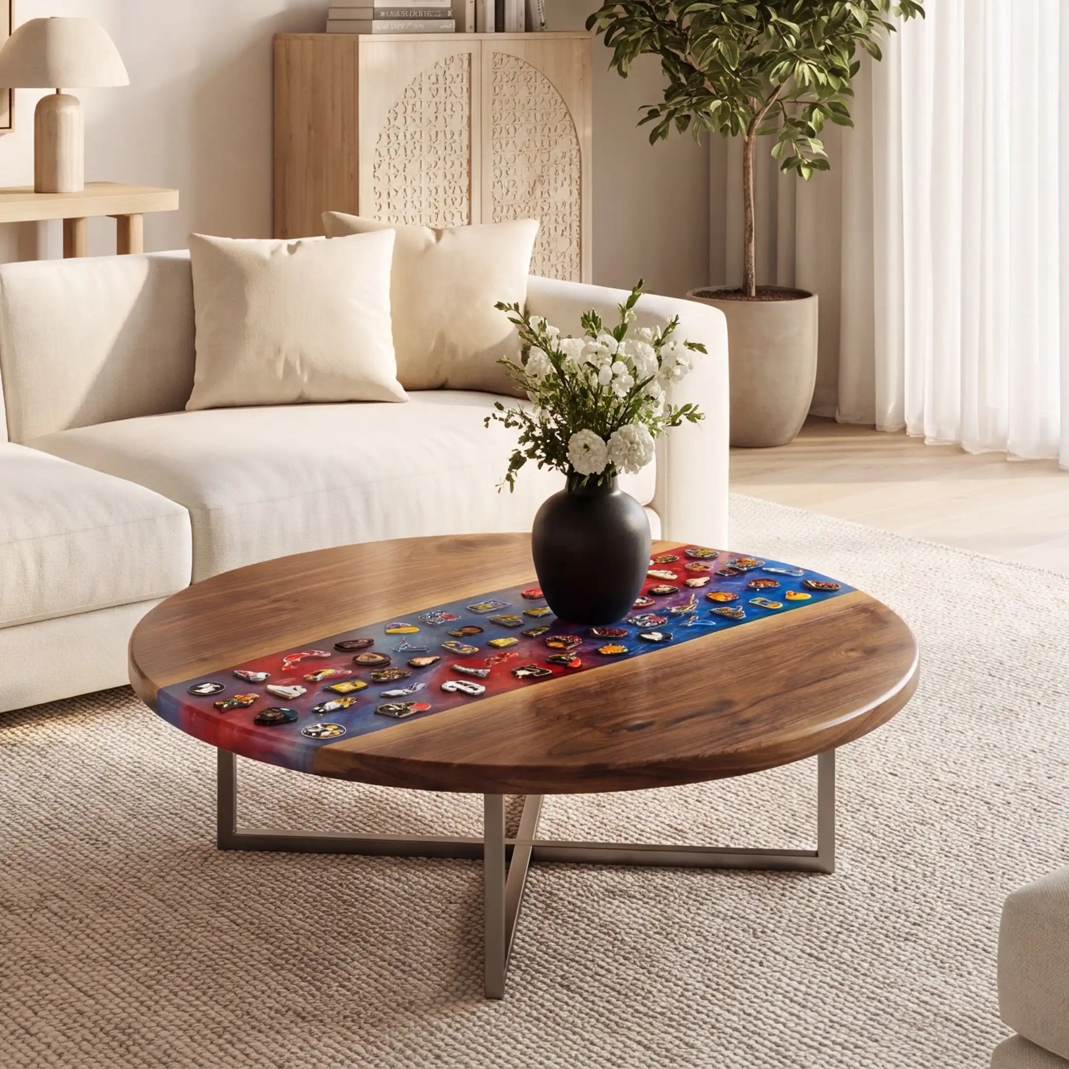 Walnut & Red-Blue Sports Figure Resin Round Coffee Table BRT54
