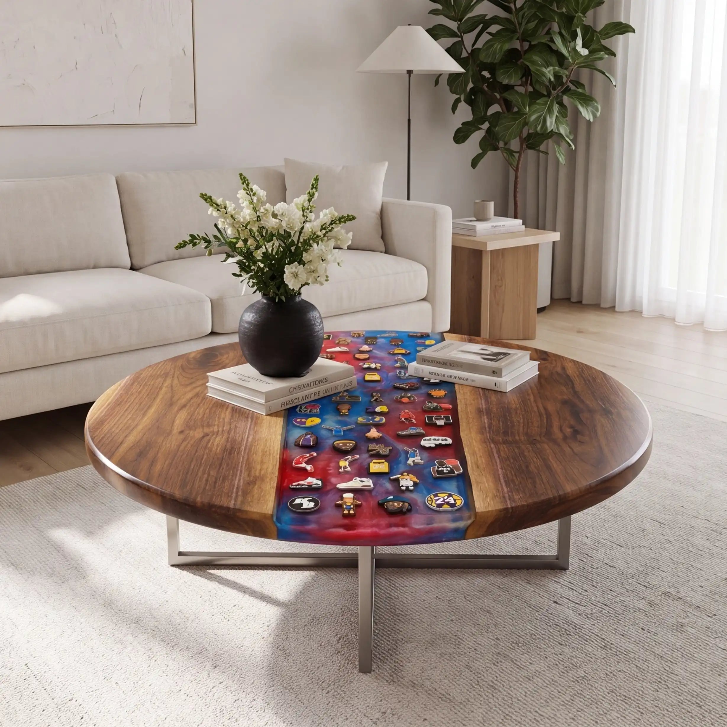Walnut & Red-Blue Sports Figure Resin Round Coffee Table BRT54