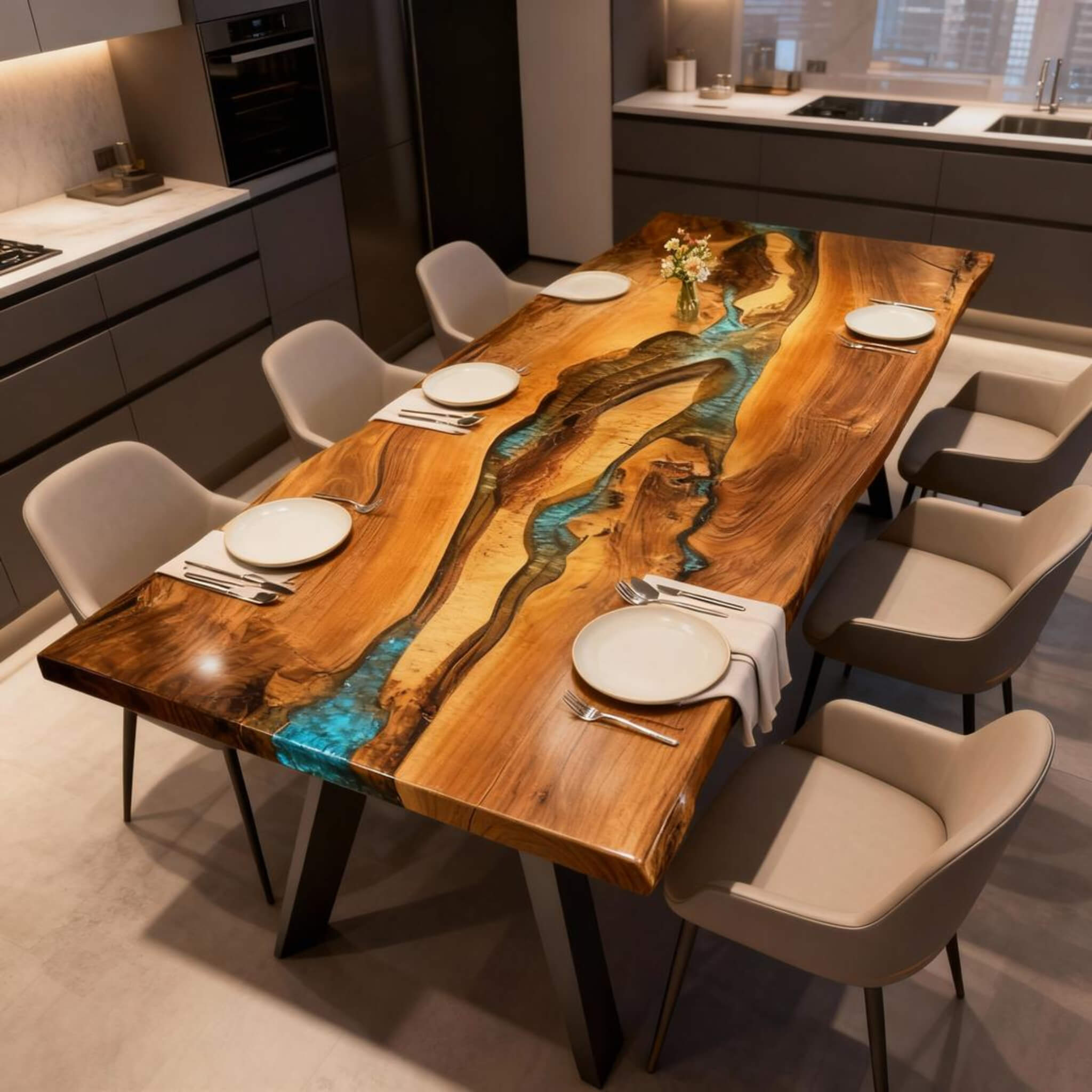 Custom Walnut Epoxy Resin River Table Green Resin QTR-84