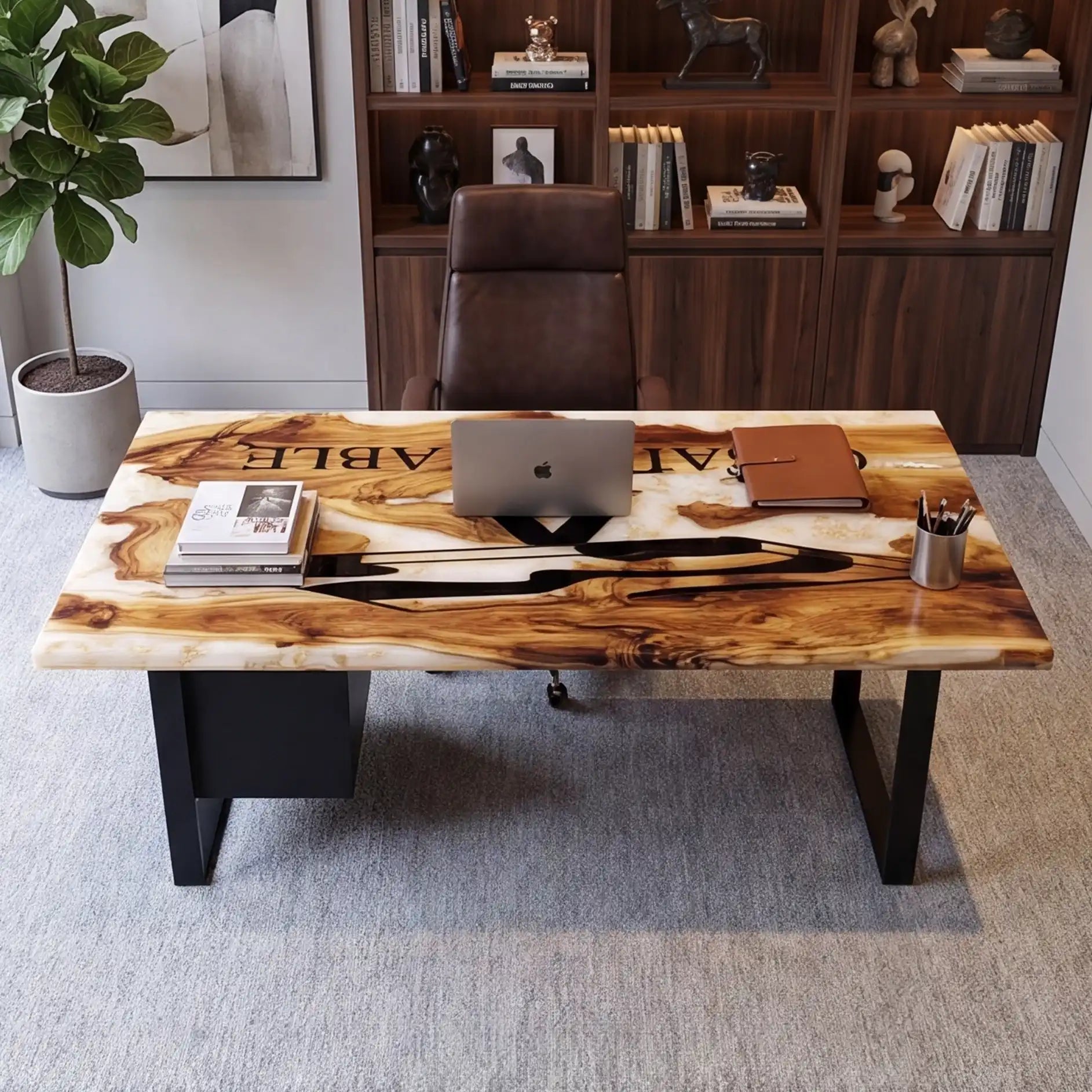 Custom Olive Wood and White Resin “Executive Signature” Series Desk (With Black Resin Inlay Logo) RD-43