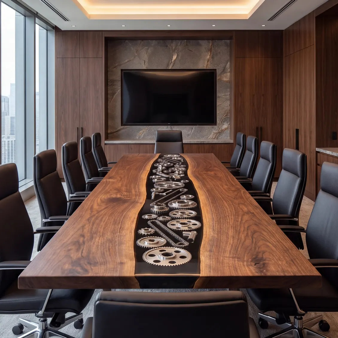 Front view of conference table showing wood grain and black resin gear design