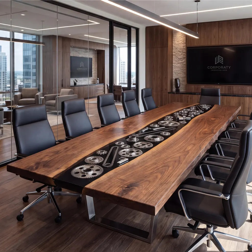 Walnut-toned conference table with black resin center and metal gear accents in a modern boardroom