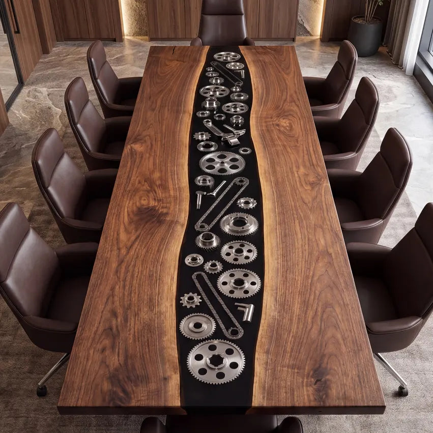 Overhead view of rectangular conference table with black resin and metal gear centerpiece