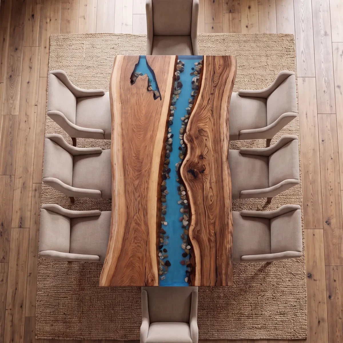 Top view of Black Walnut dining table with blue resin river and embedded stones