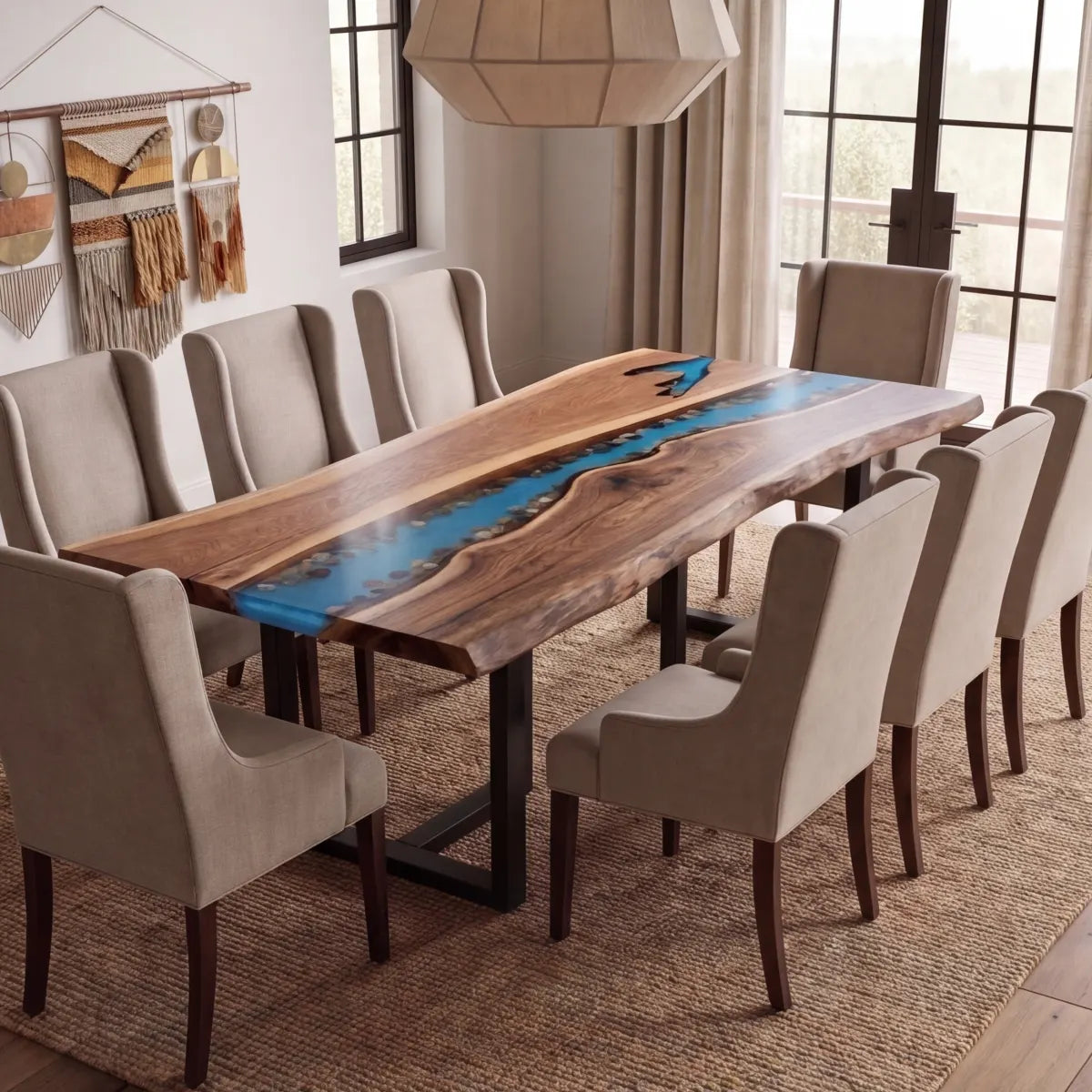 Angled view of Black Walnut blue river resin dining table in dining room
