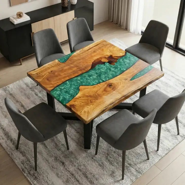 Custom Walnut Epoxy Resin River Table Aurora Green Resin 42'' x 42'' Balance $682.04 for Lori Skender