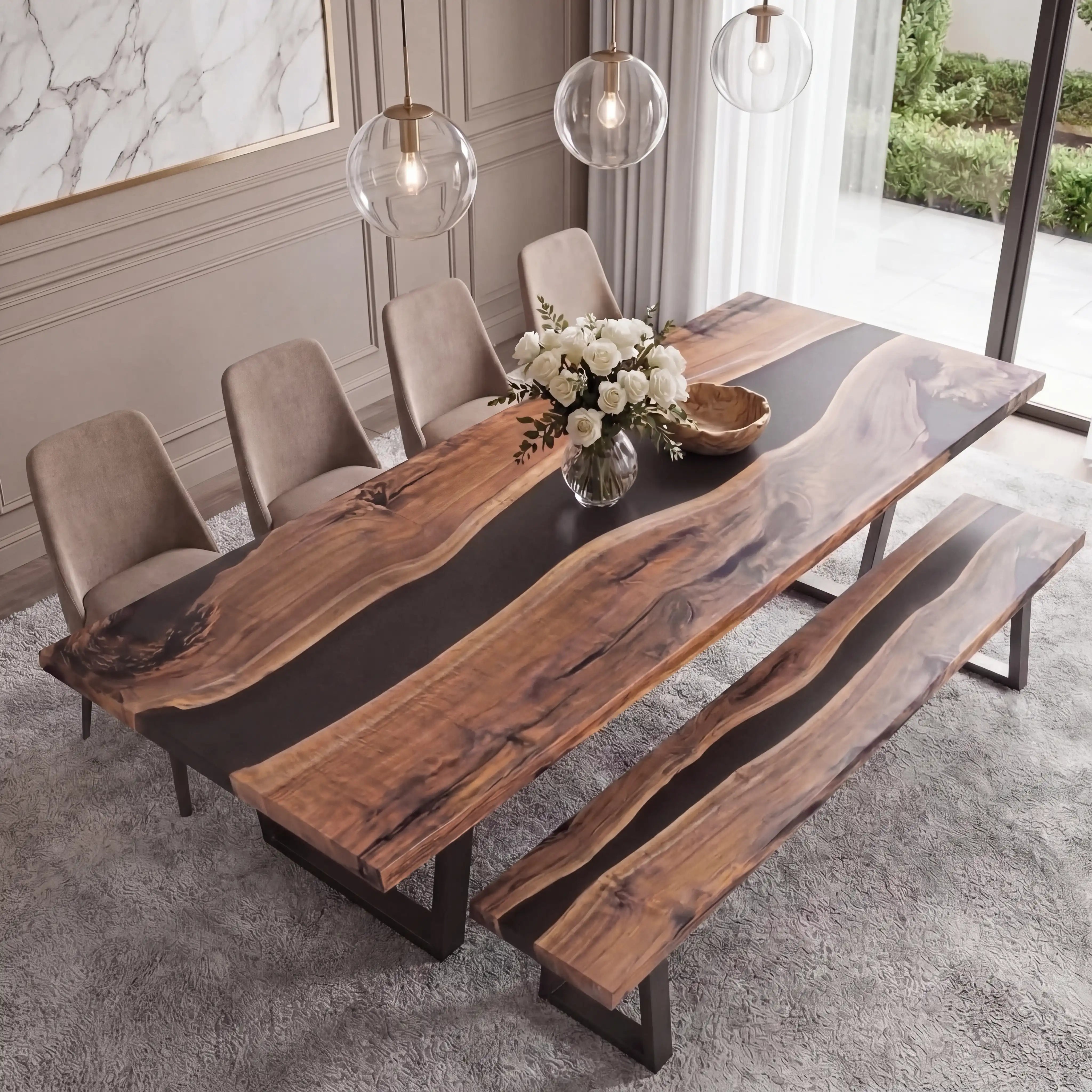 Custom Black Walnut Epoxy Resin Rectangular Table with Dining Bench Full Payment $7,526.23 for Jennifer VandenHeuvel