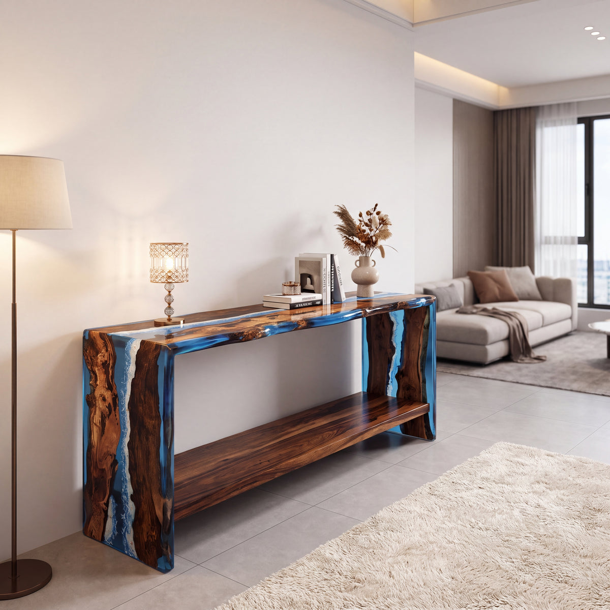 Custom Walnut Epoxy Resin Rectangular Table with Storage Shelf Full Payment $2,326.47 for Daix