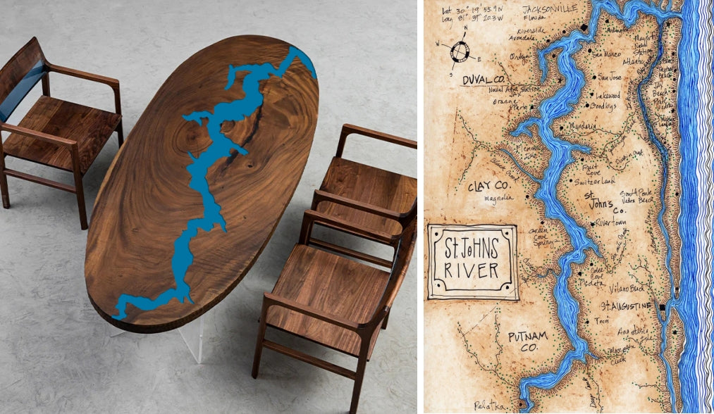 Custom Walnut Epoxy Resin Table about the St. John's River Sea Wave Resin 120'' x 60'' $5986.47 for Daniel Duffy
