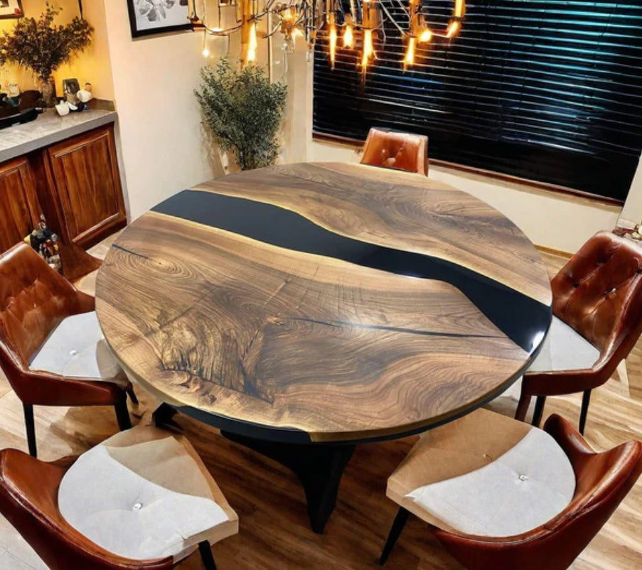 Custom Black Walnut Epoxy Round Table Dark Black Resin 54''x54'' $3462.37 for Tom Fulton