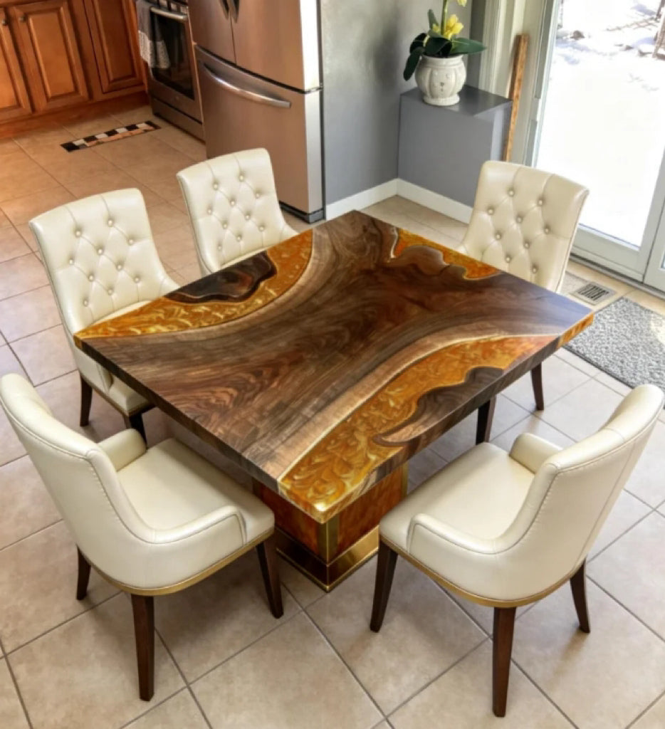 Custom Walnut Epoxy Resin Table Golden Resin 42'' x 42'' $2272.47 for Phillip Bakuckas