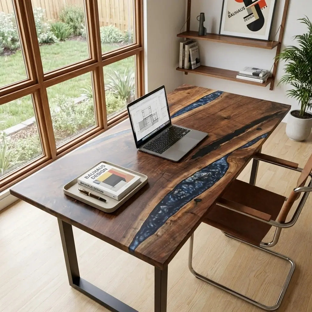 Custom Dark Walnut and Midnight Blue Resin “Eclipse” Series Desk
