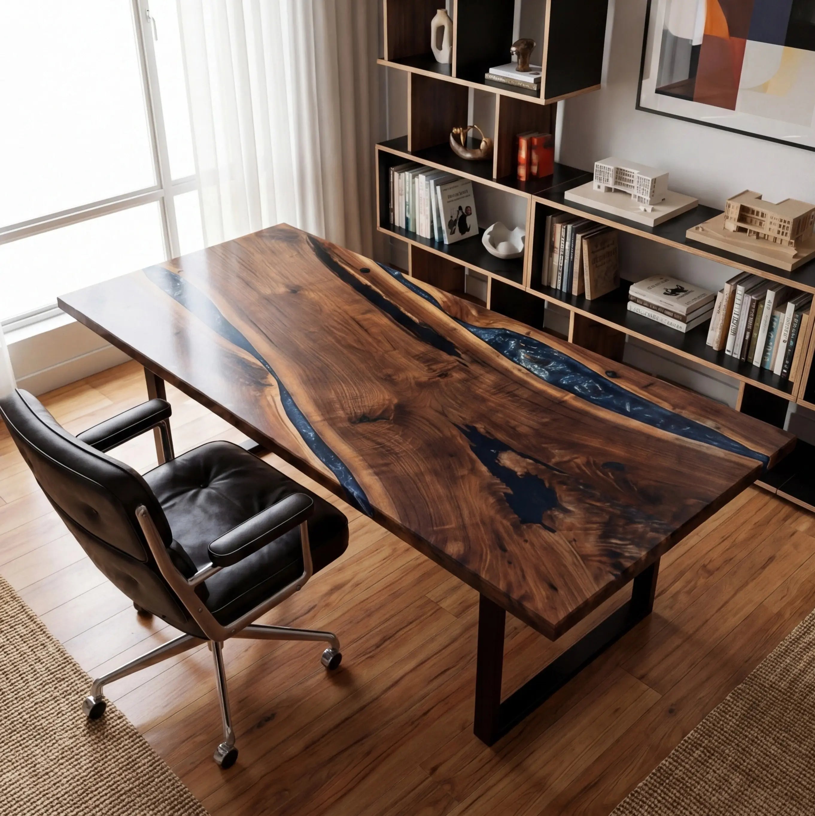 Custom Dark Walnut and Midnight Blue Resin “Eclipse” Series Desk
