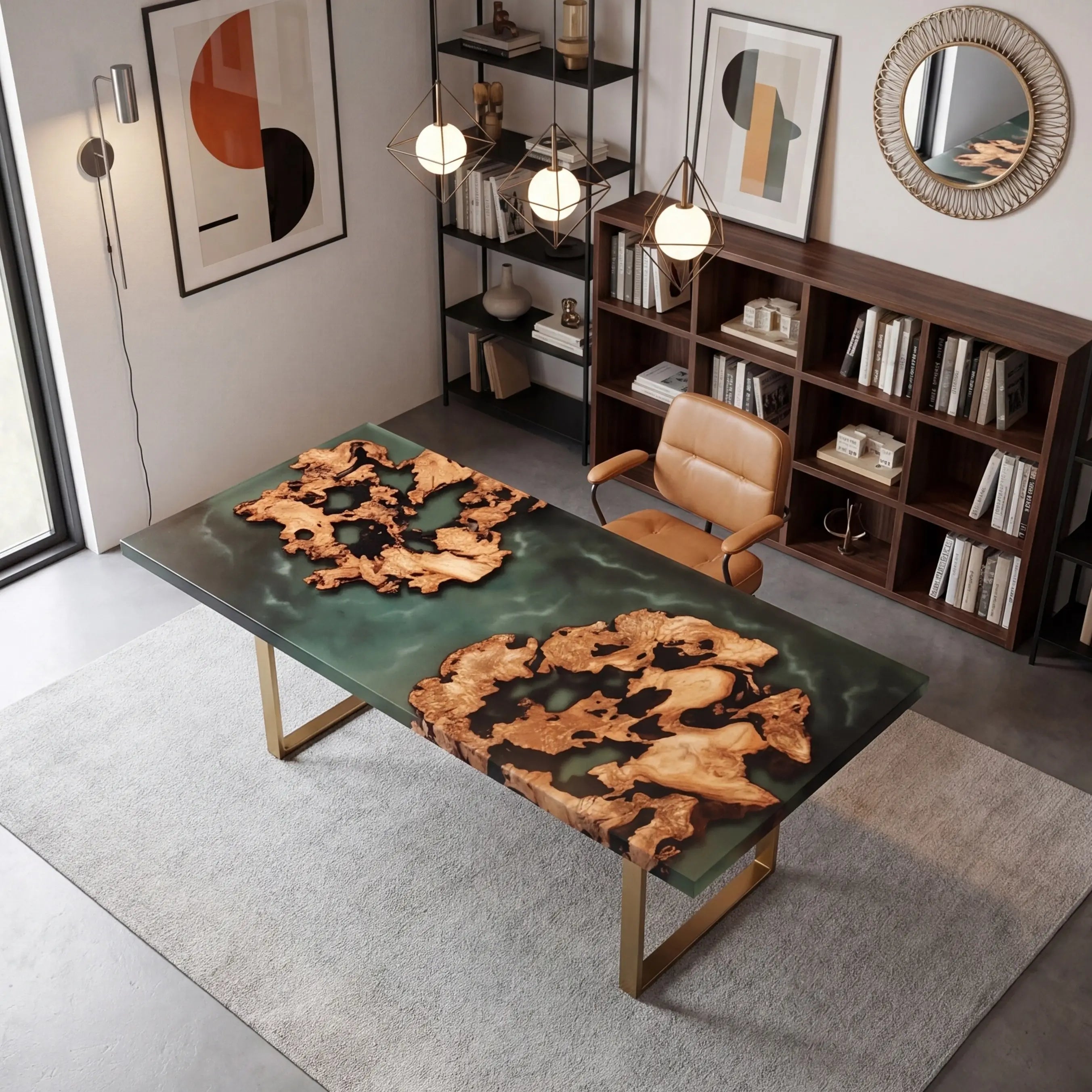 Custom Olive Burl Wood and Cloudy Jade Resin “Nebula” Series Desk
