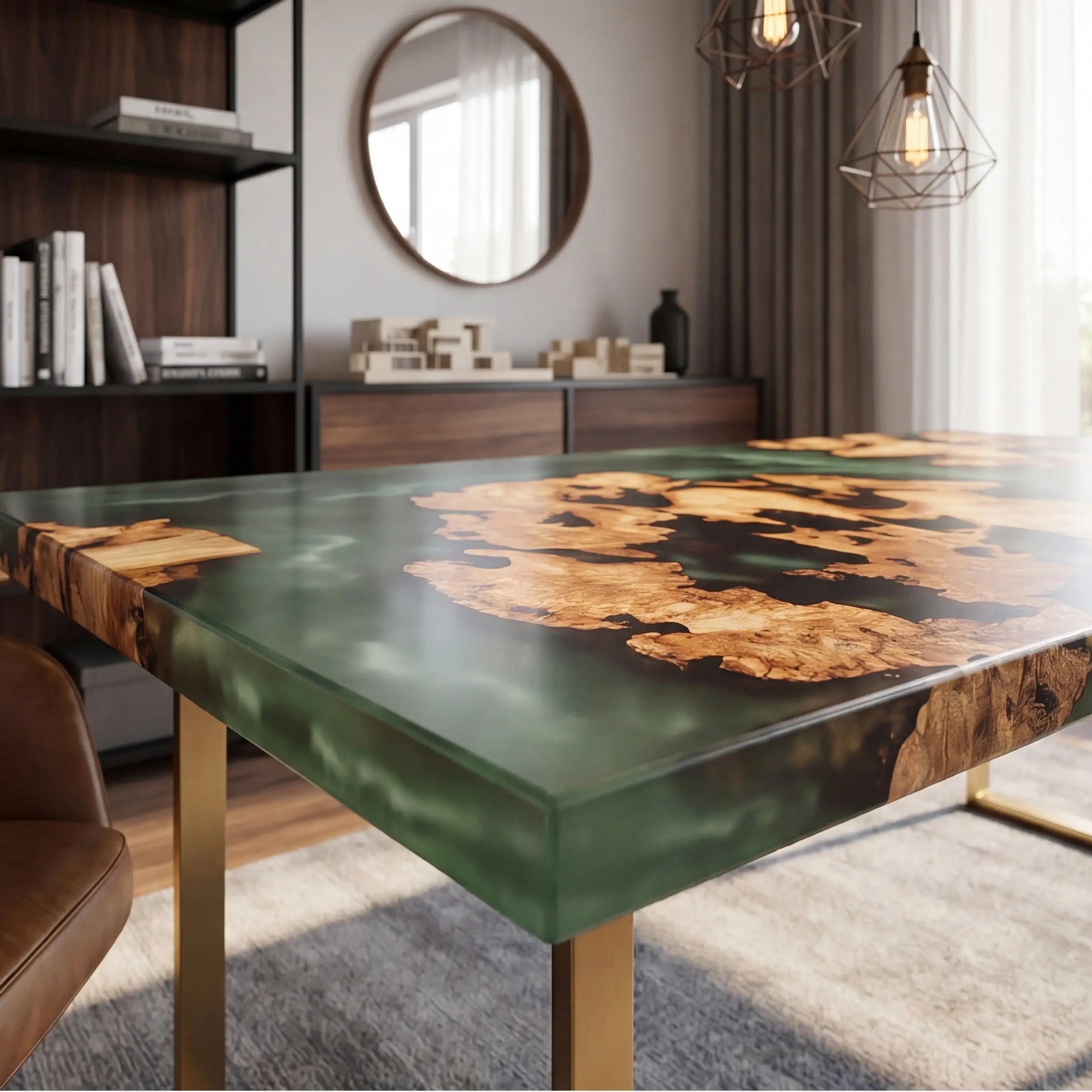 Custom Olive Burl Wood and Cloudy Jade Resin “Nebula” Series Desk