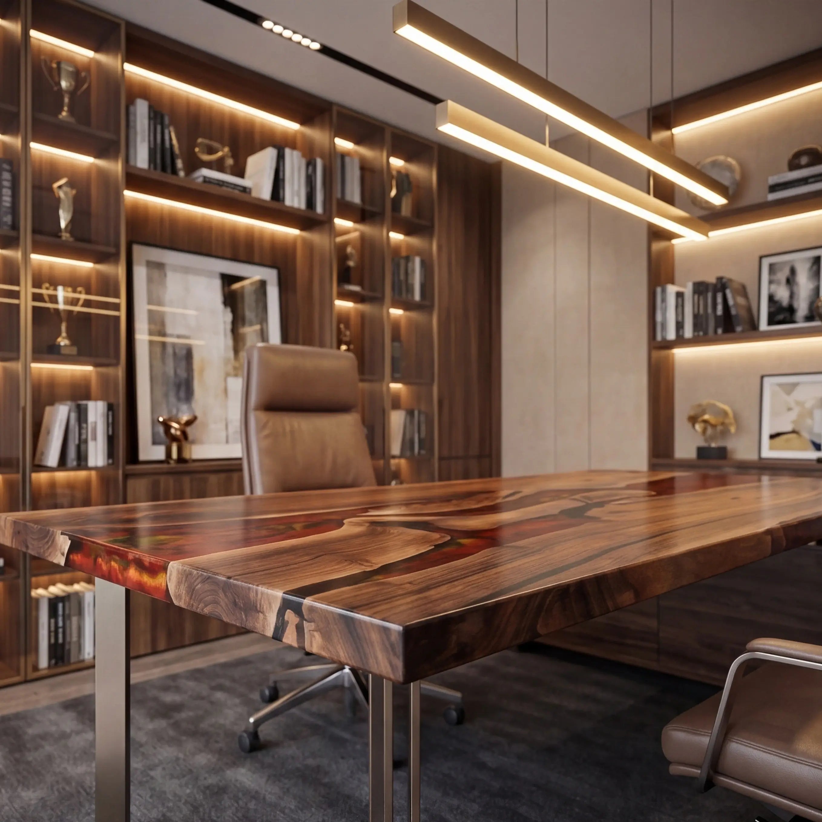 Custom Walnut and Fiery Orange Resin “Magma” Series Desk