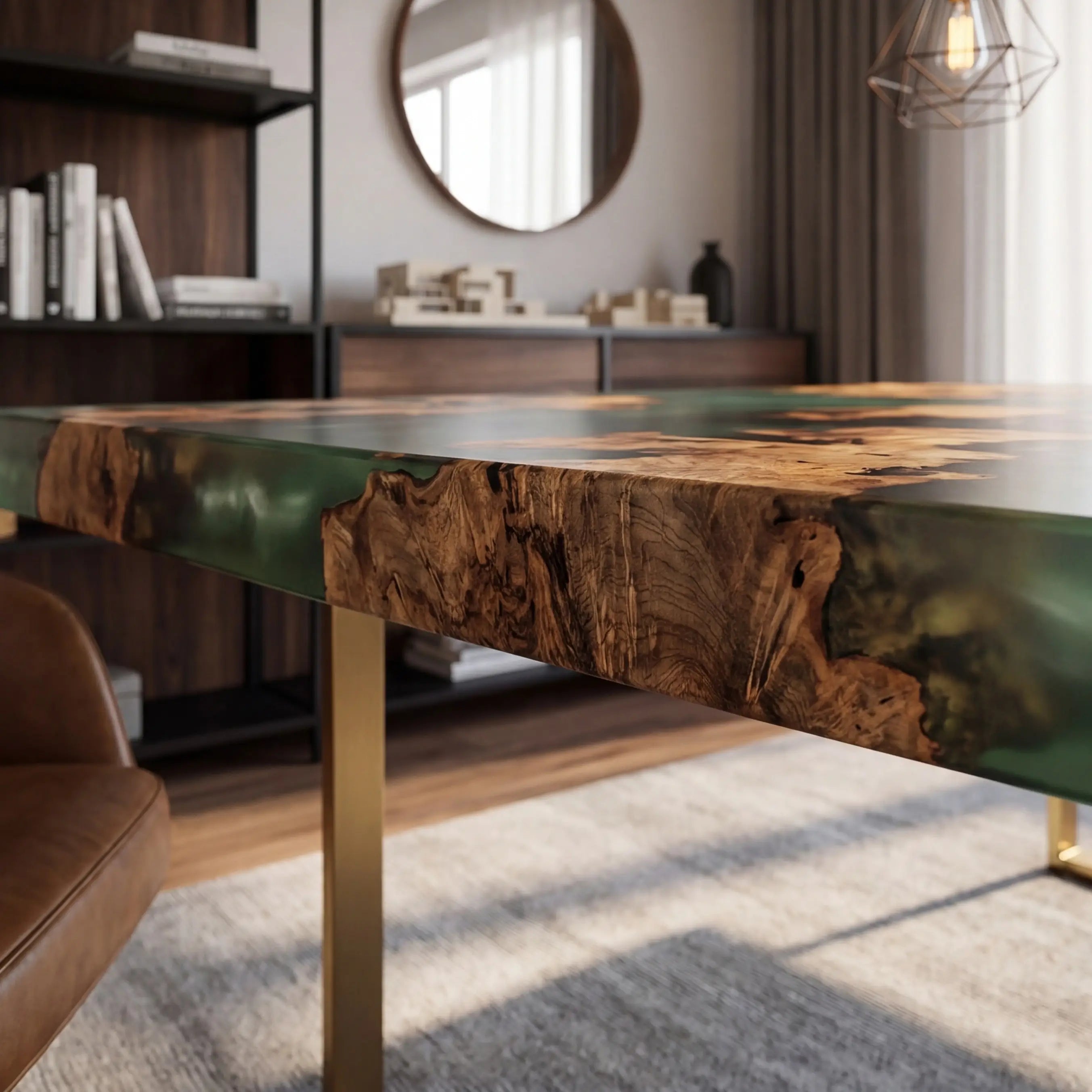 Custom Olive Burl Wood and Cloudy Jade Resin “Nebula” Series Desk