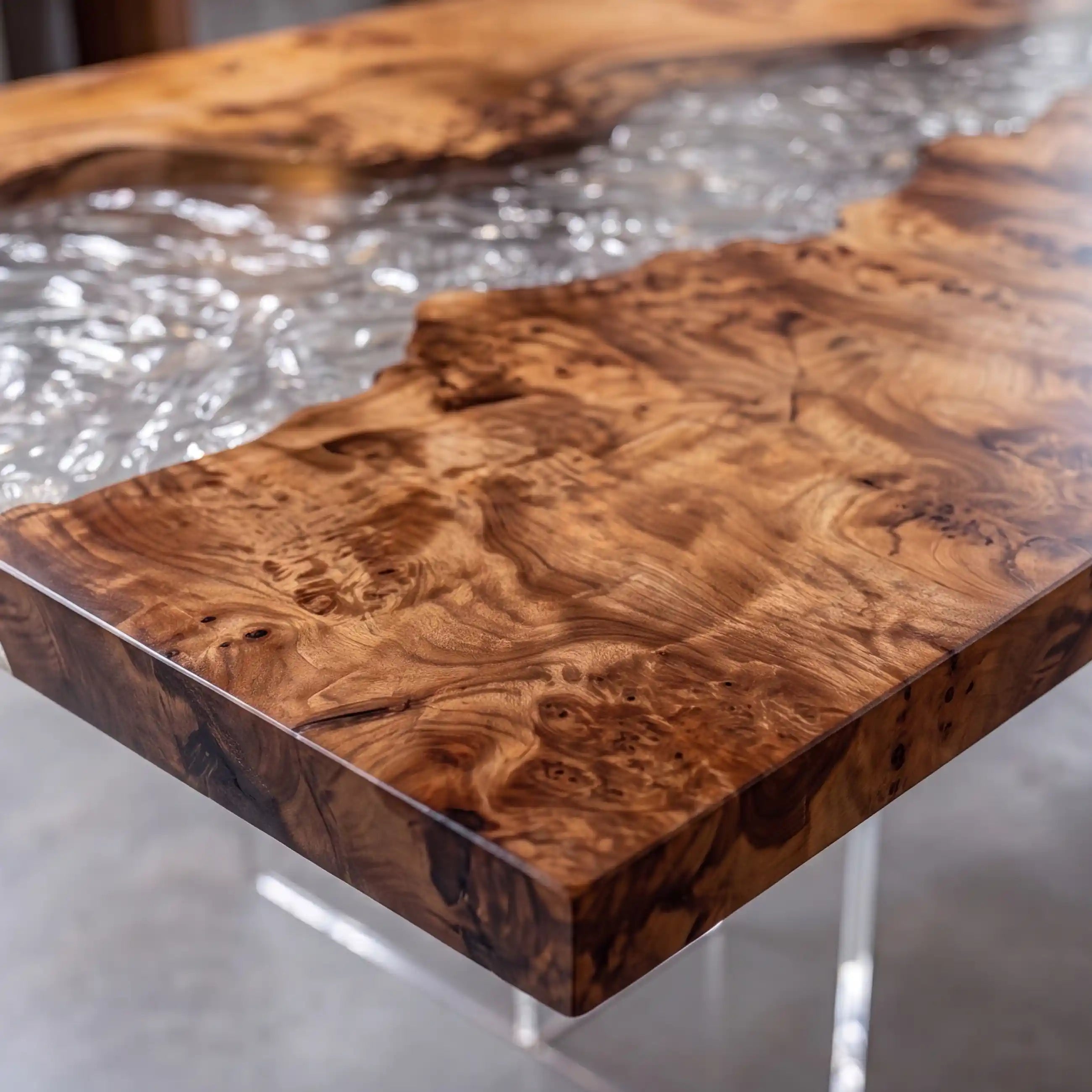 135"x39"x2" Poplar Burl Wood & Textured Clear Resin Rectangular Dining Table PRD9