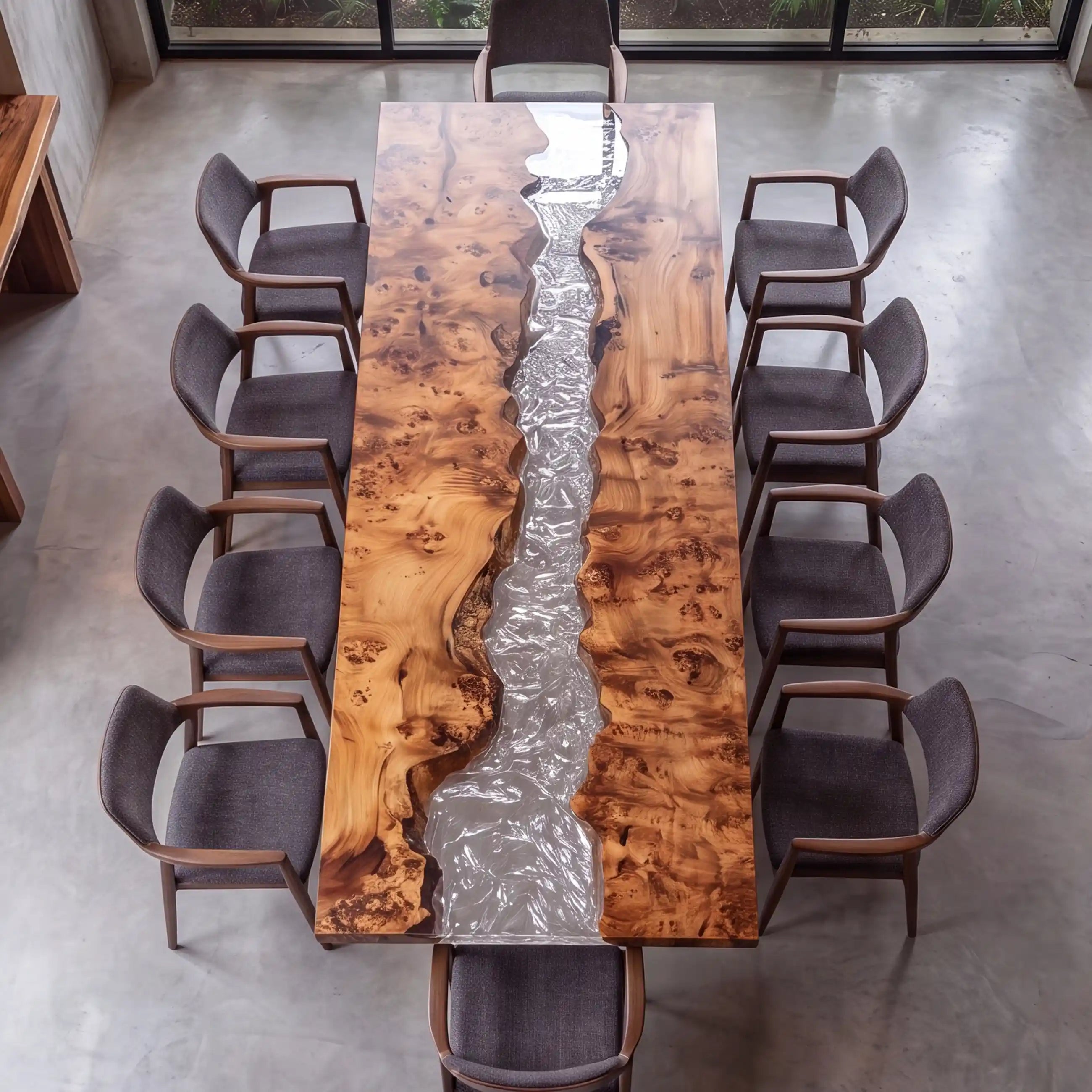 135"x39"x2" Poplar Burl Wood & Textured Clear Resin Rectangular Dining Table PRD9