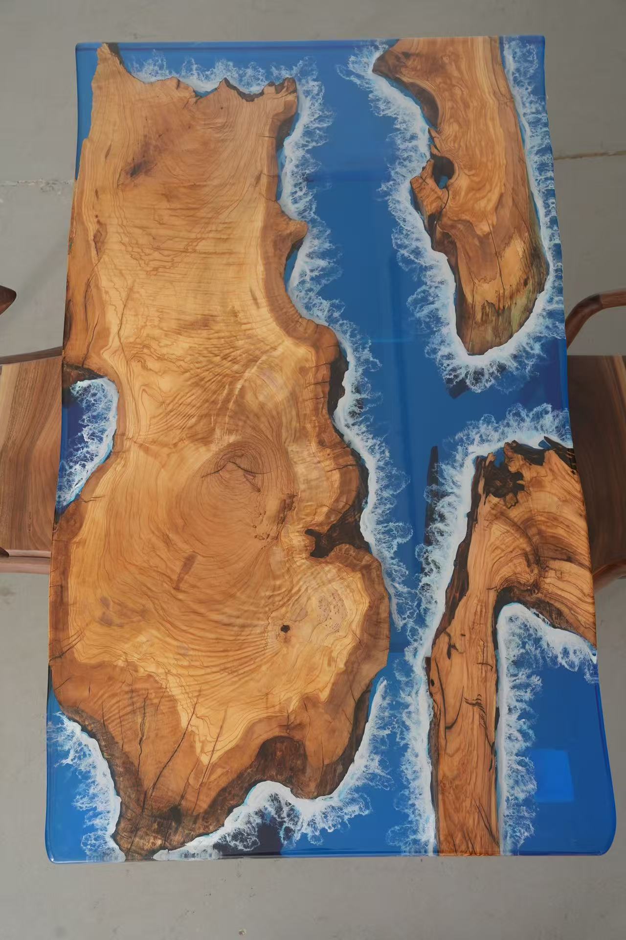 Custom Olive Epoxy Resin River Table Blue Waves ORT-27