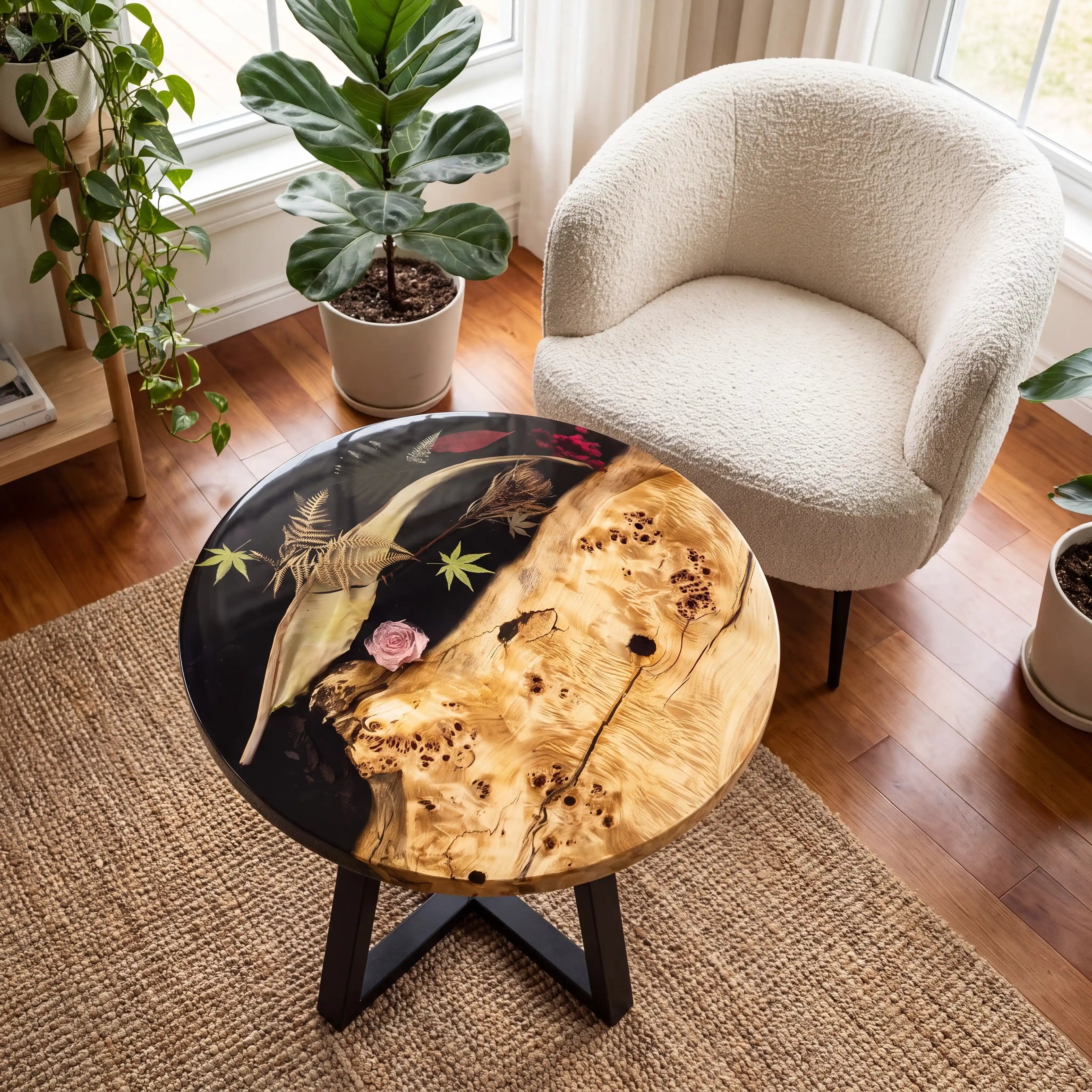 24"x24"x2" Poplar Wood & Botanical Black Resin Round Coffee Table PRC6