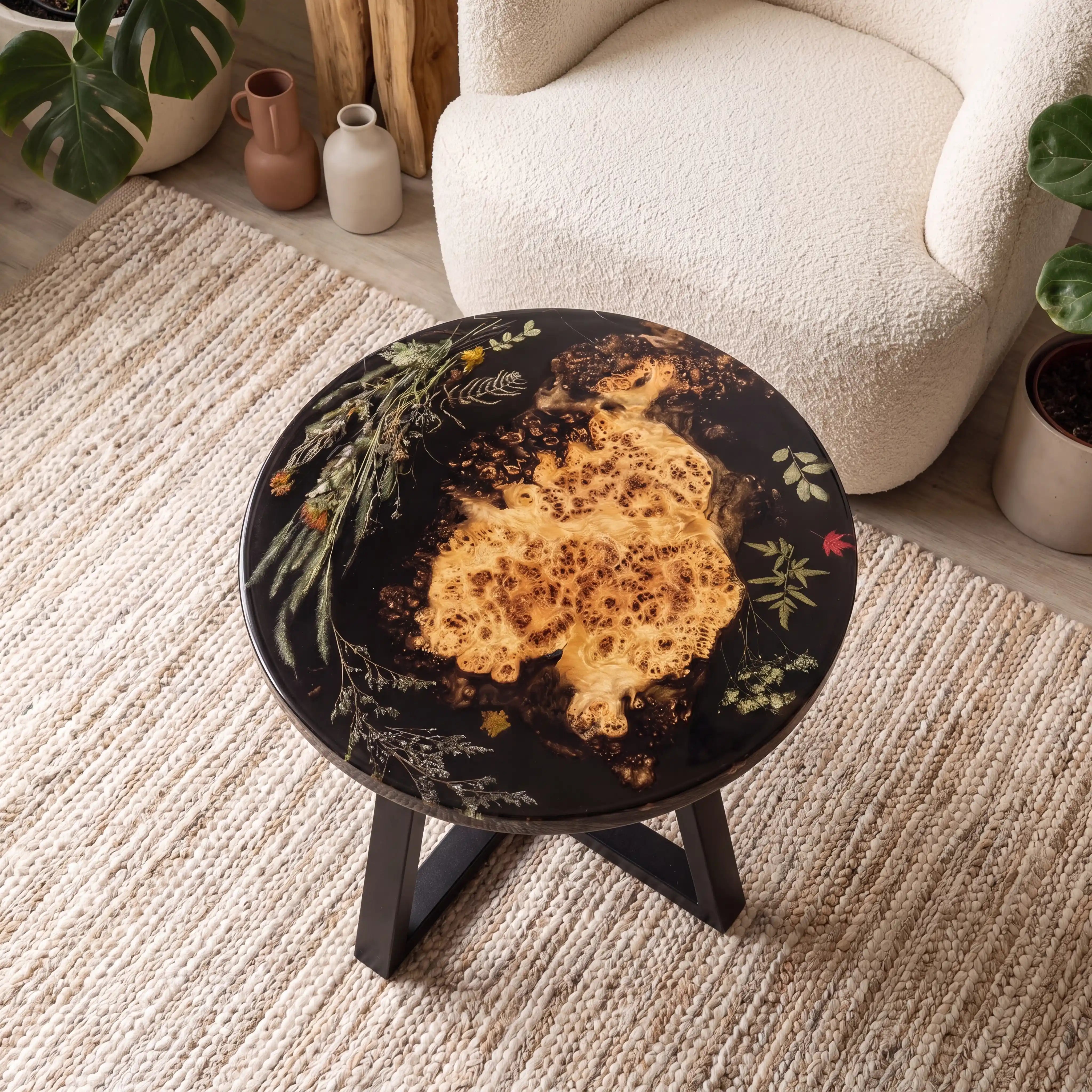 24"x24"x2" Poplar Wood & Botanical Black Resin Round Coffee Table PRC7