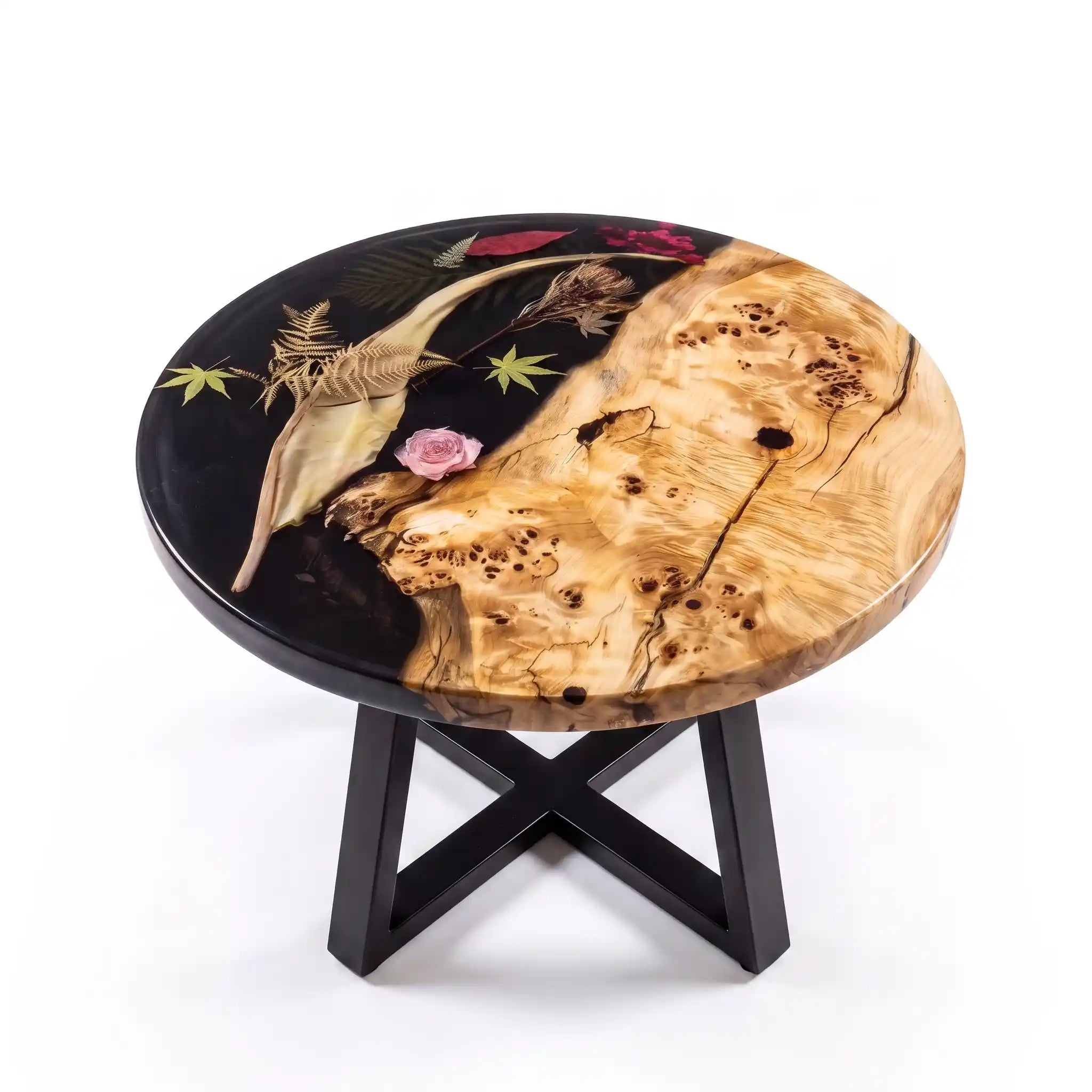 24"x24"x2" Poplar Wood & Botanical Black Resin Round Coffee Table PRC6