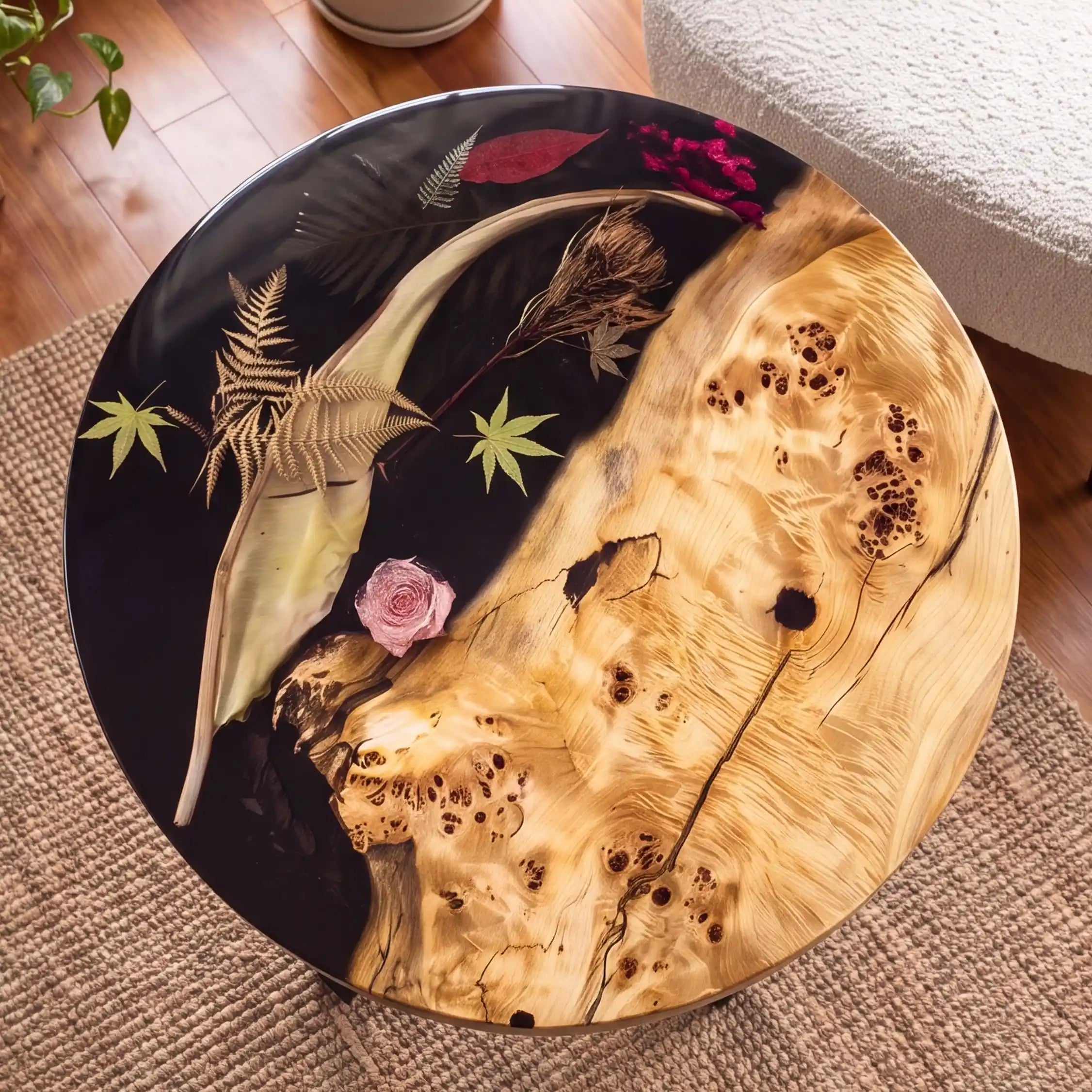 24"x24"x2" Poplar Wood & Botanical Black Resin Round Coffee Table PRC6