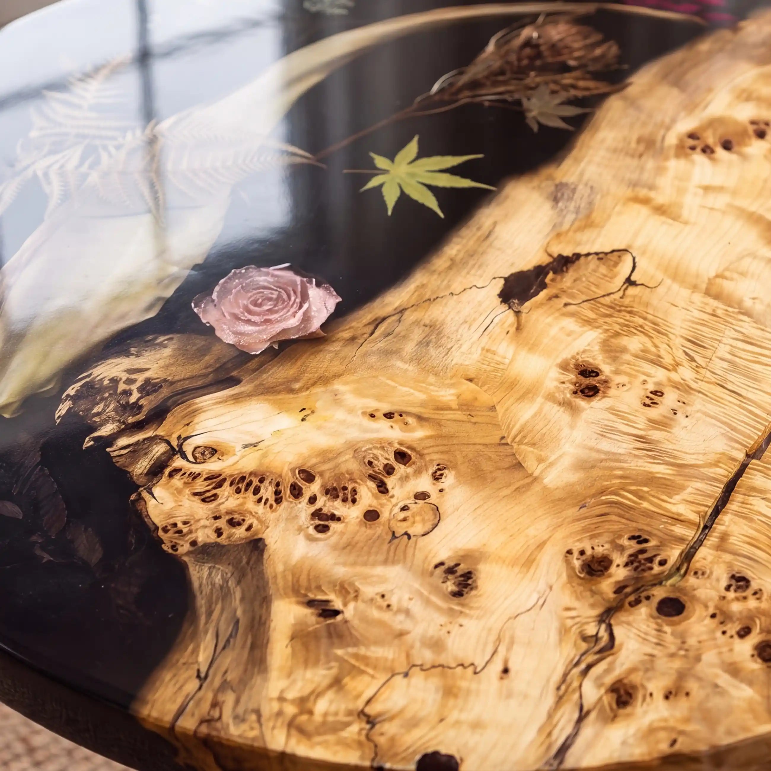 24"x24"x2" Poplar Wood & Botanical Black Resin Round Coffee Table PRC6