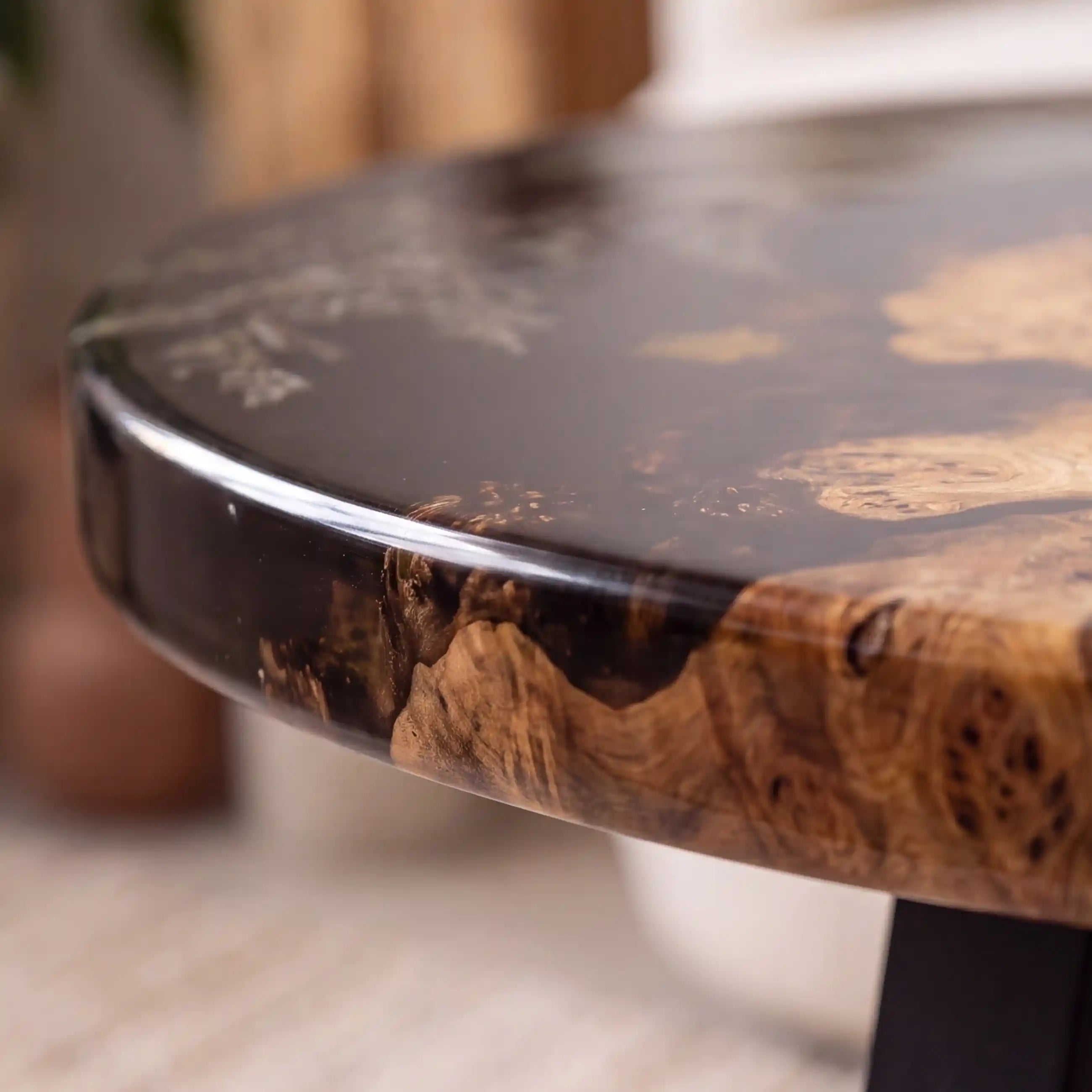 24"x24"x2" Poplar Wood & Botanical Black Resin Round Coffee Table PRC7