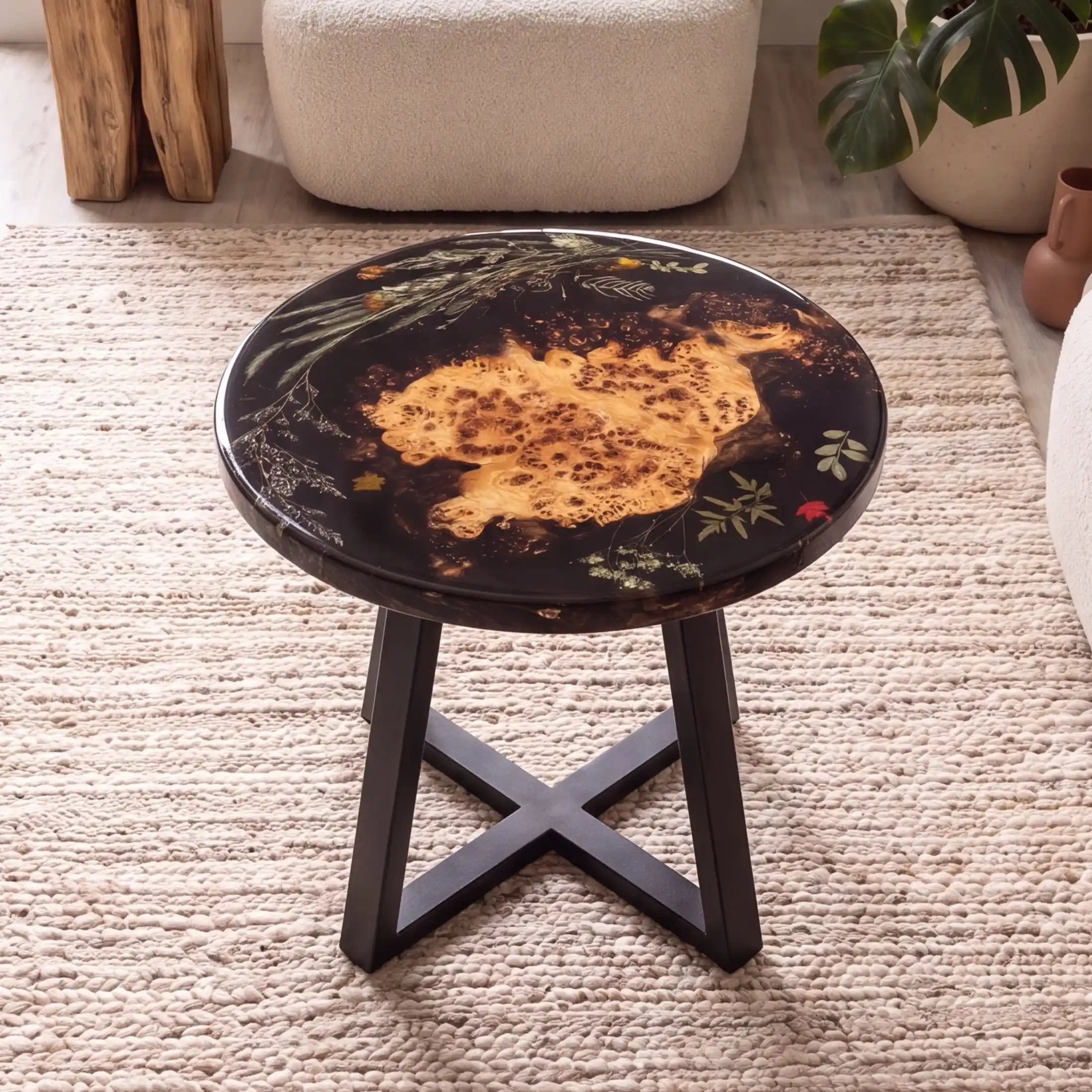 24"x24"x2" Poplar Wood & Botanical Black Resin Round Coffee Table PRC7