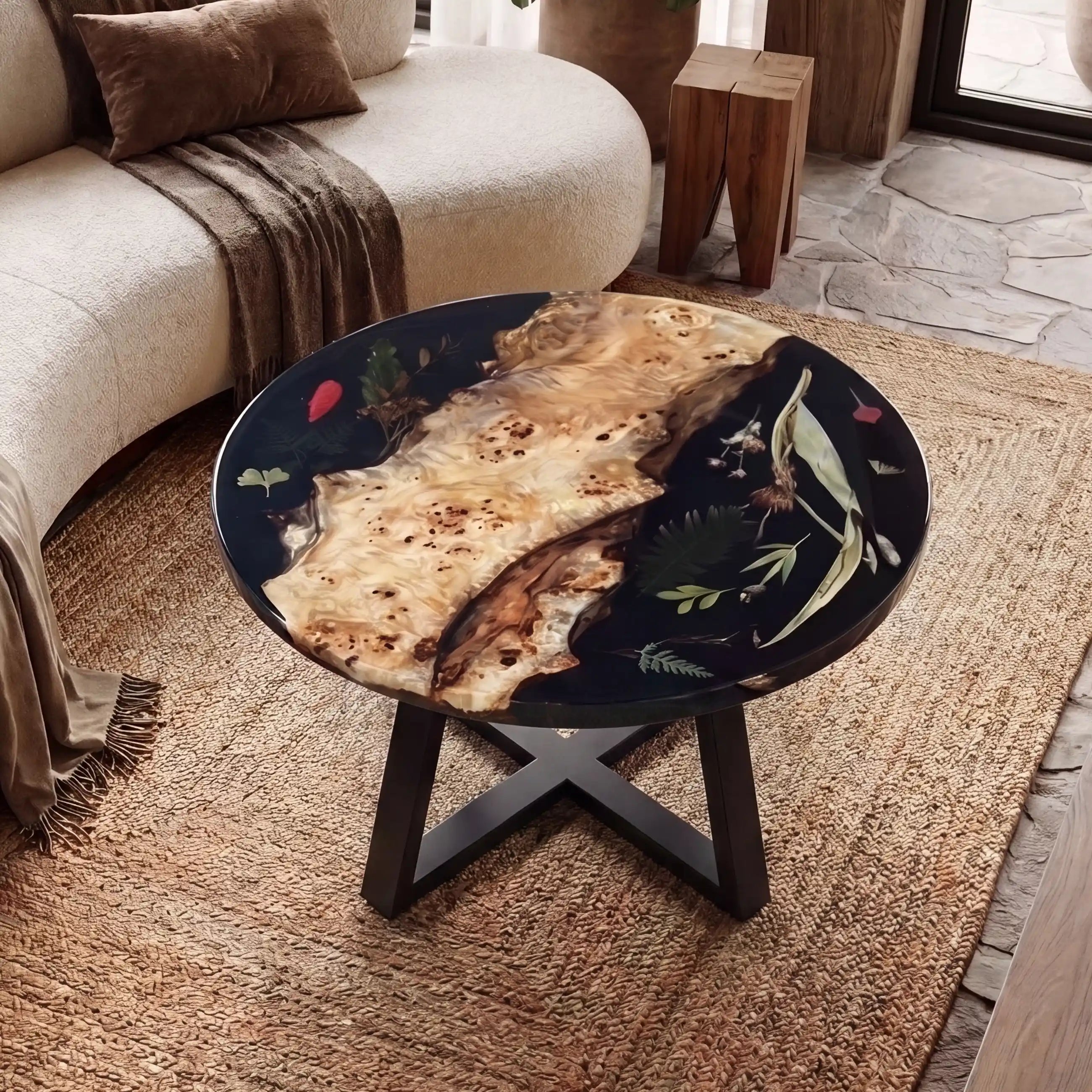 28"x28"x2" Poplar Wood & Botanical Black Resin Round Coffee Table WRC8