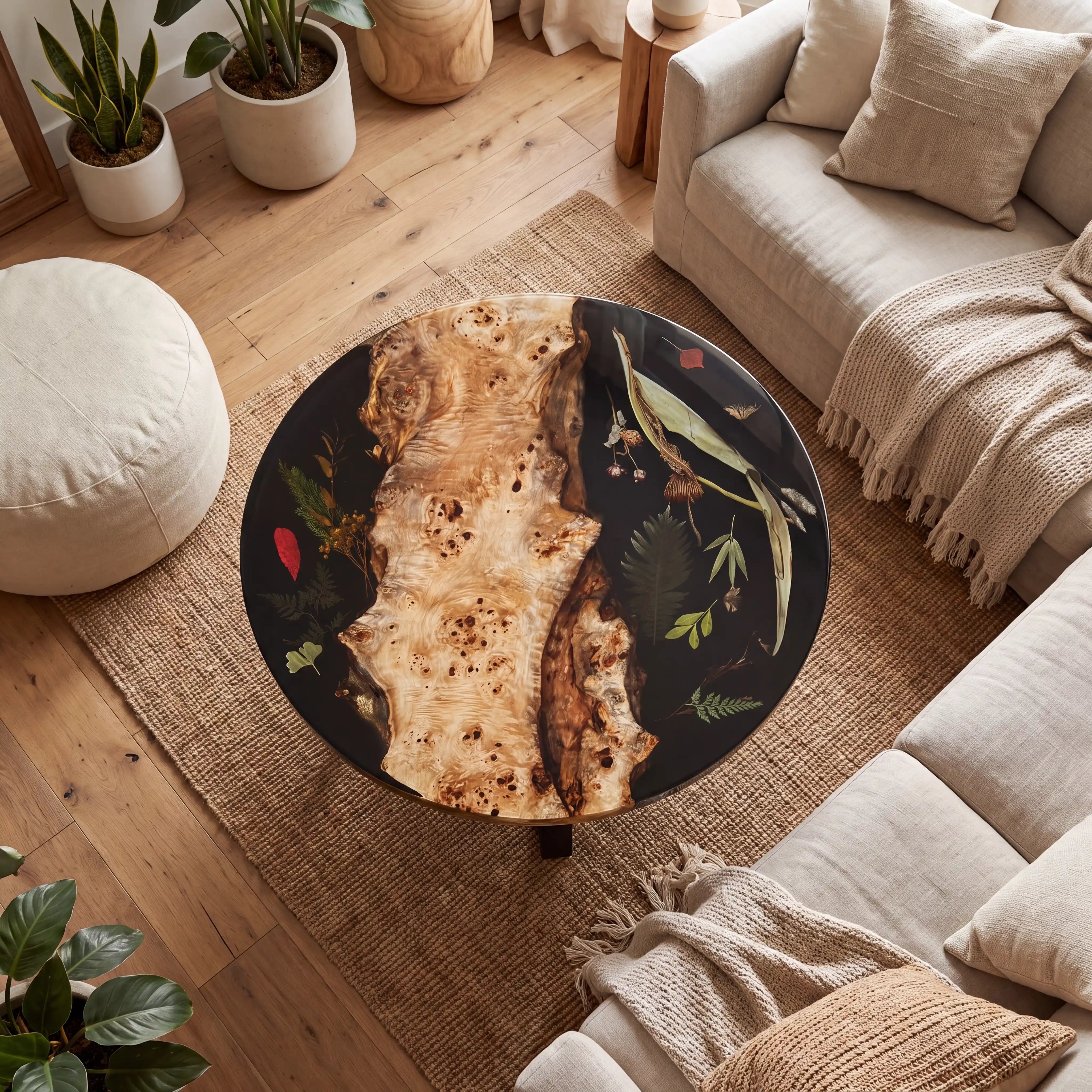 28"x28"x2" Poplar Wood & Botanical Black Resin Round Coffee Table WRC8