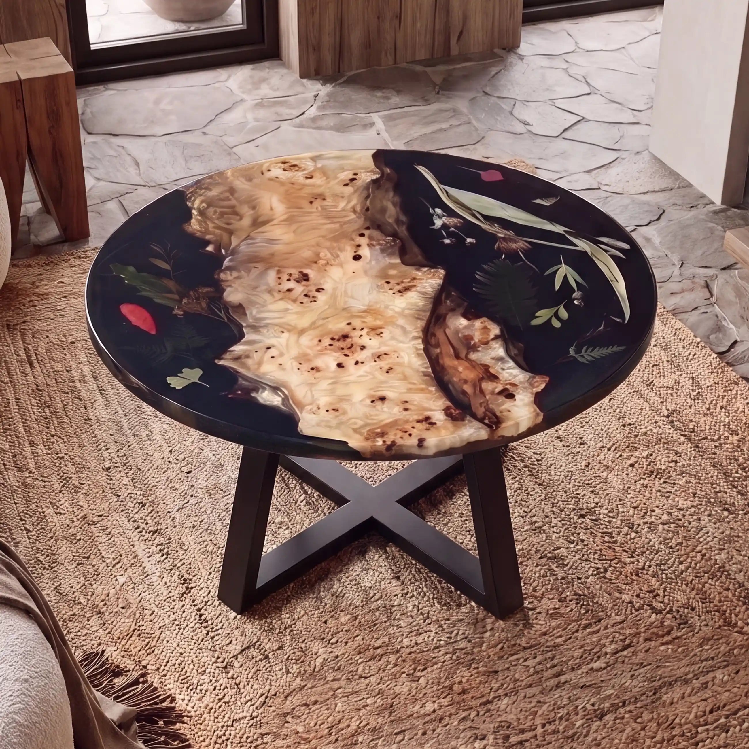 28"x28"x2" Poplar Wood & Botanical Black Resin Round Coffee Table WRC8