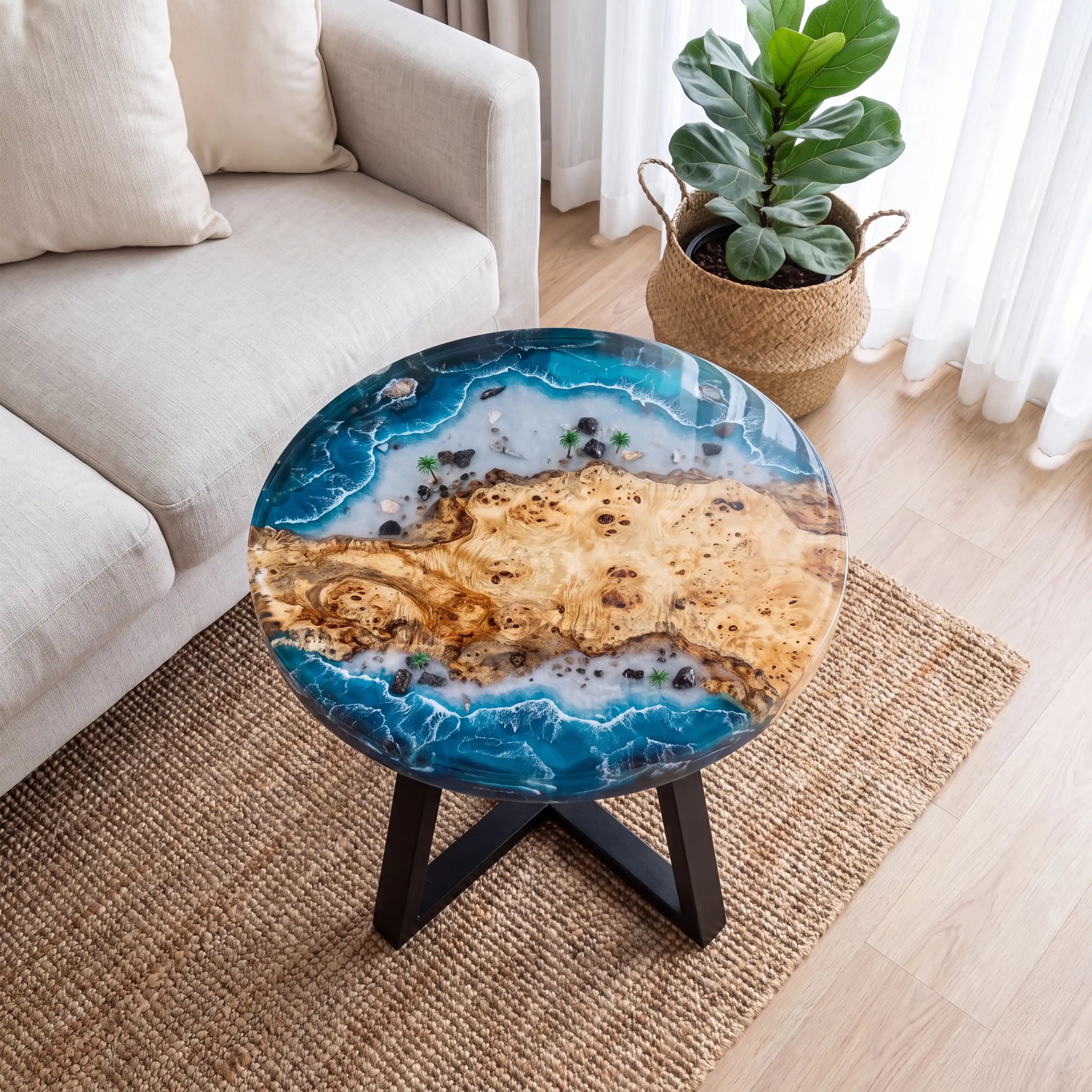 32"x32"x2" Poplar Wood & Coastal Ocean Resin Round Coffee Table PRC12