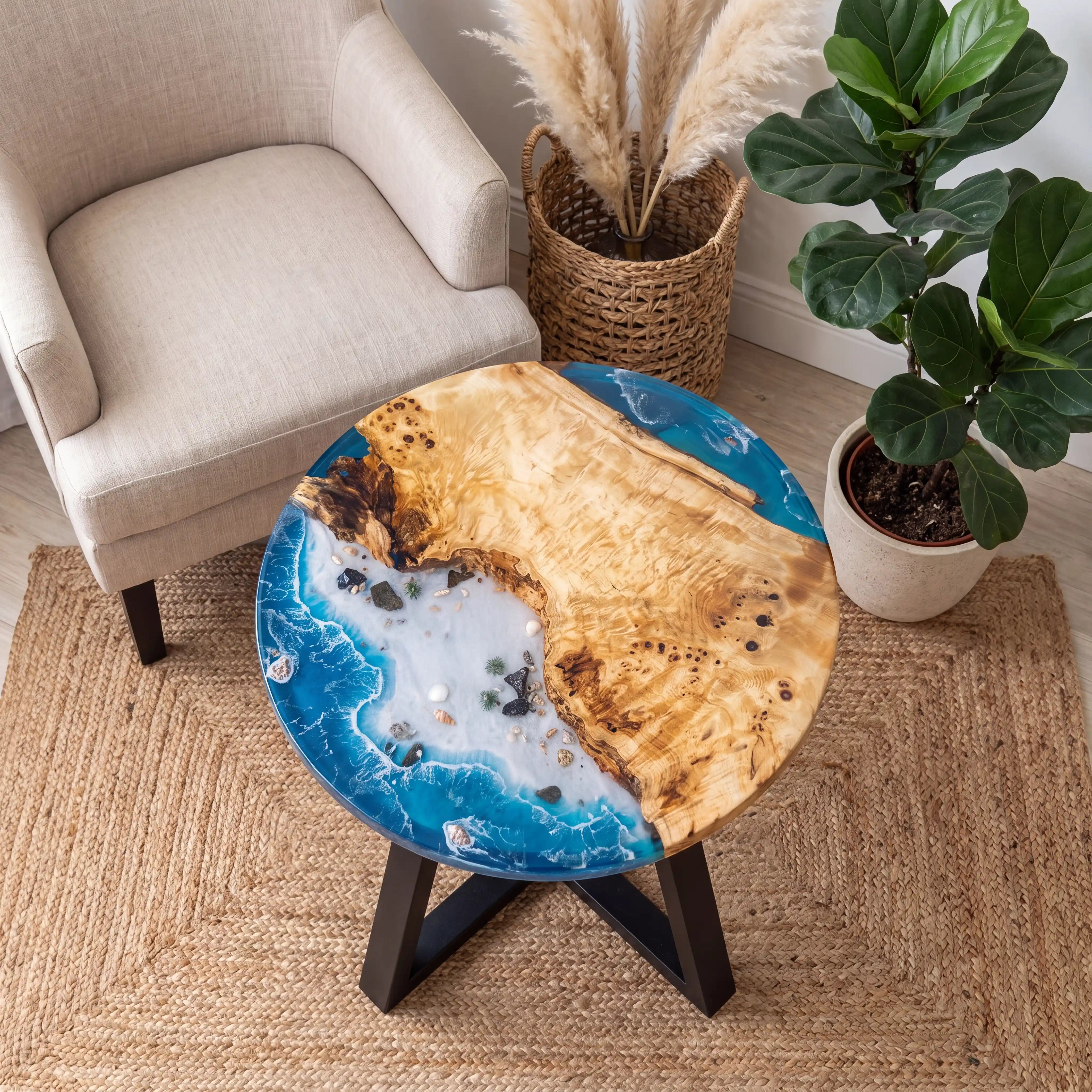 32"x32"x2" Poplar Wood & Coastal Ocean Resin Round Coffee Table PRC13