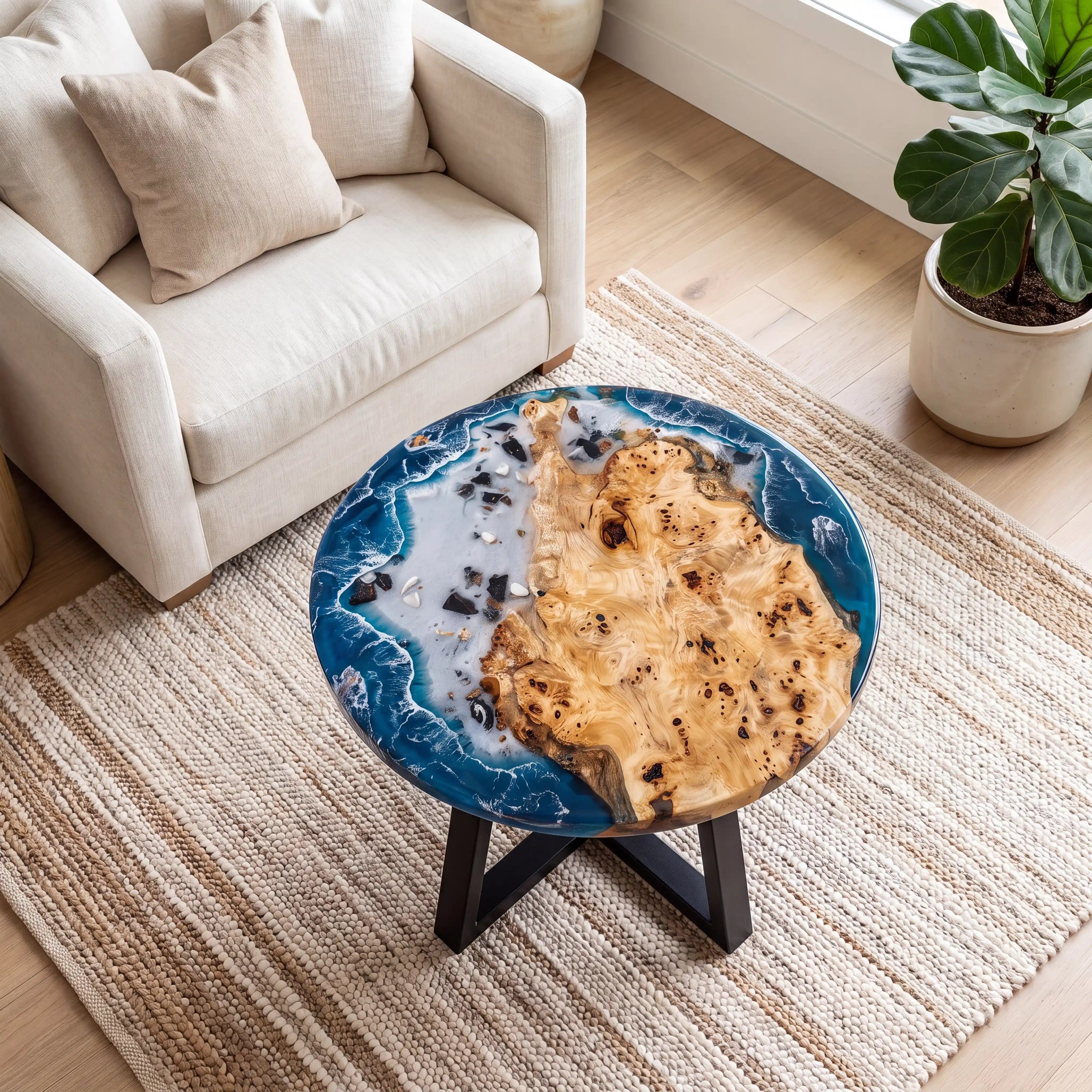 32"x32"x2" Poplar Wood & Coastal Ocean Resin Round Coffee Table PRC14