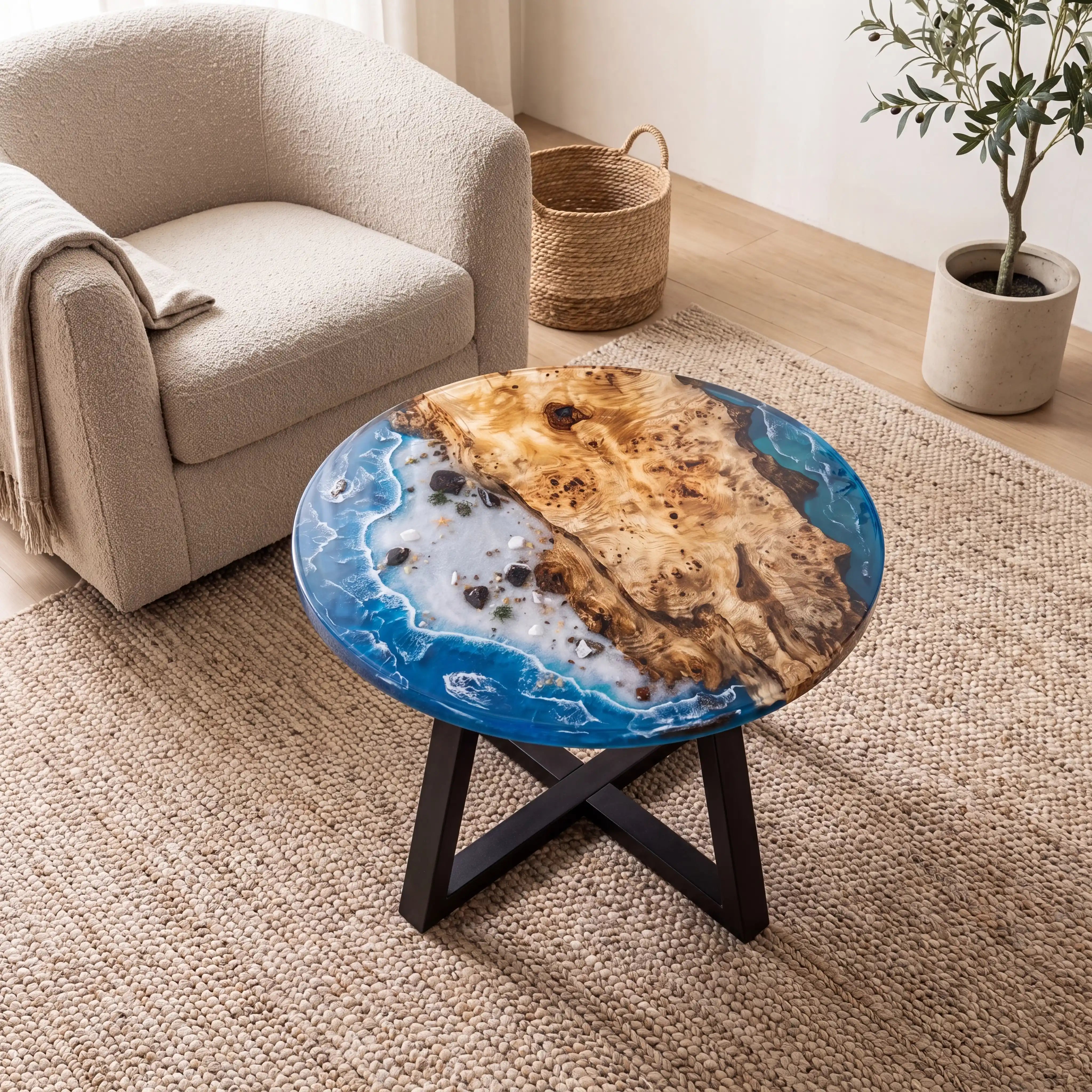 32"x32"x2" Poplar Wood & Coastal Ocean Resin Round Coffee Table PRC15