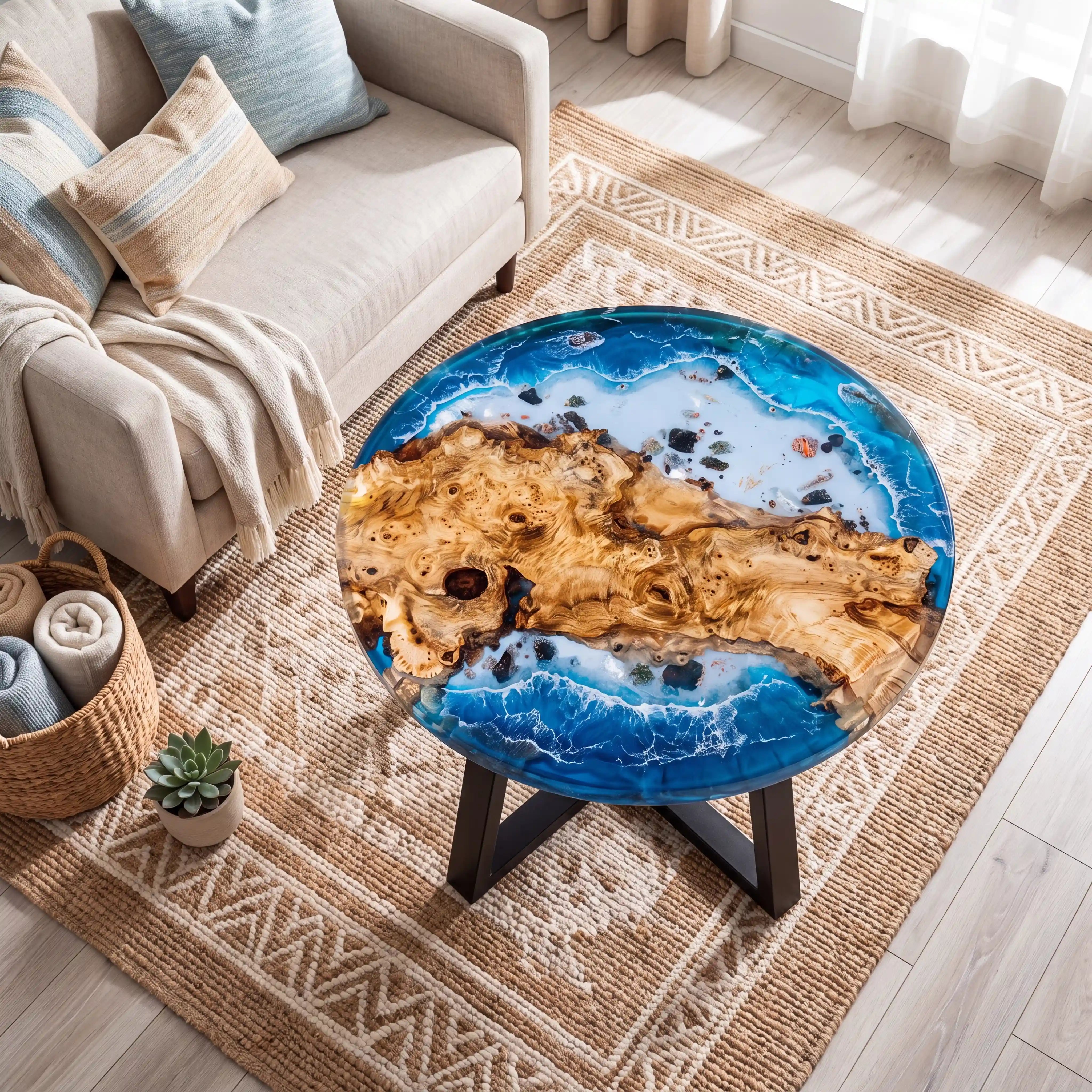 32"x32"x2" Poplar Wood & Coastal Ocean Resin Round Coffee Table PRC 16