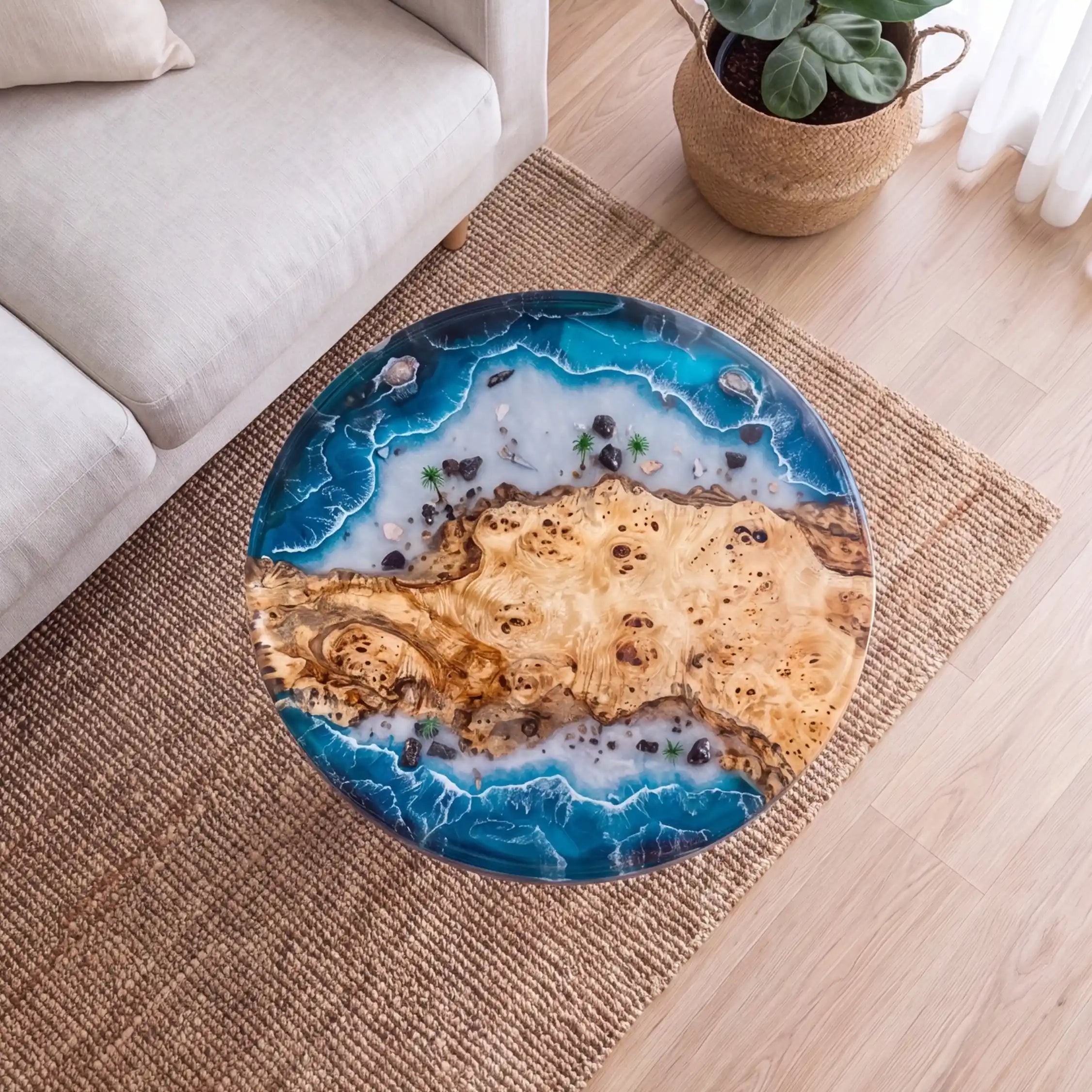 32"x32"x2" Poplar Wood & Coastal Ocean Resin Round Coffee Table PRC12