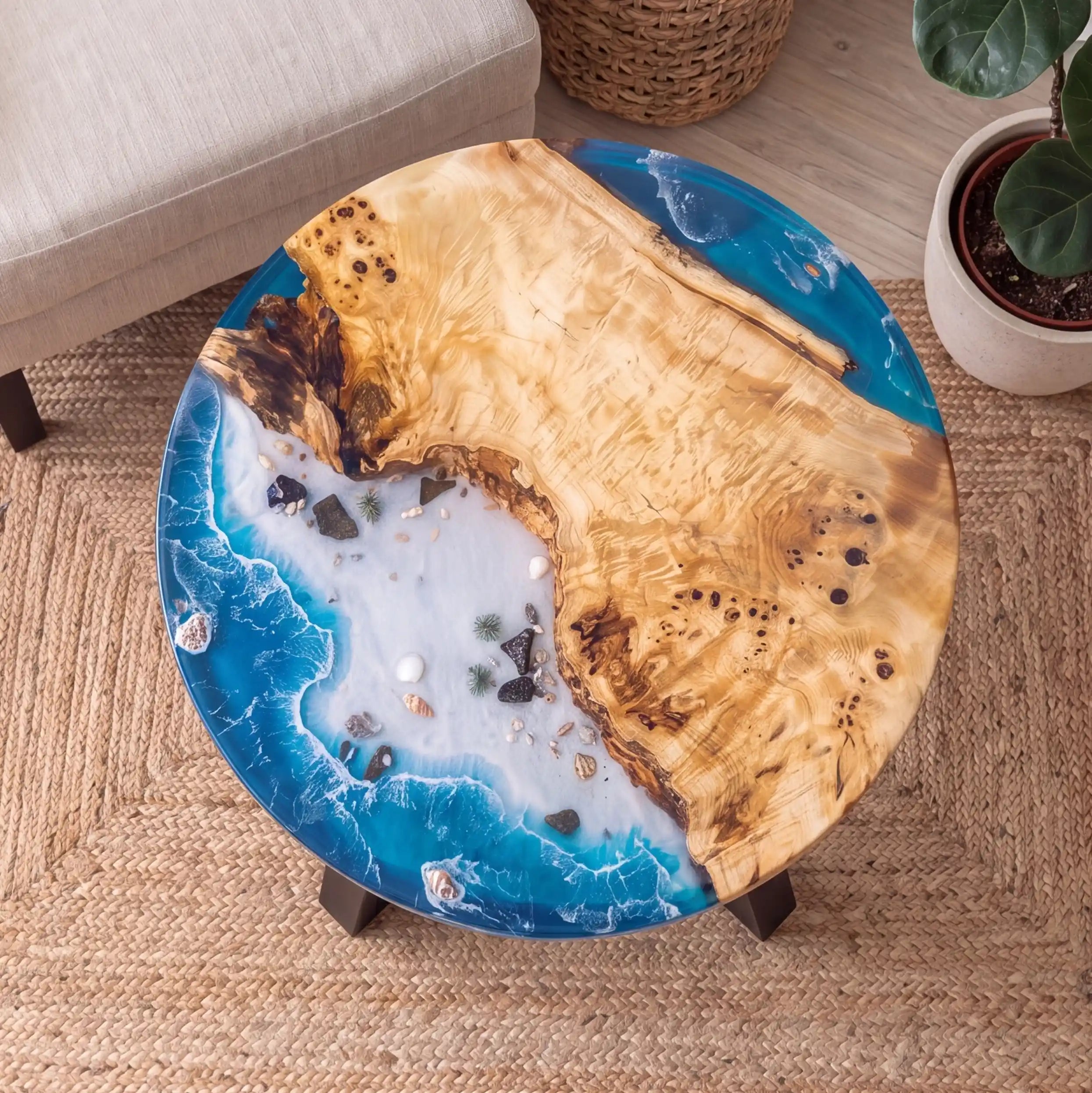 32"x32"x2" Poplar Wood & Coastal Ocean Resin Round Coffee Table PRC13