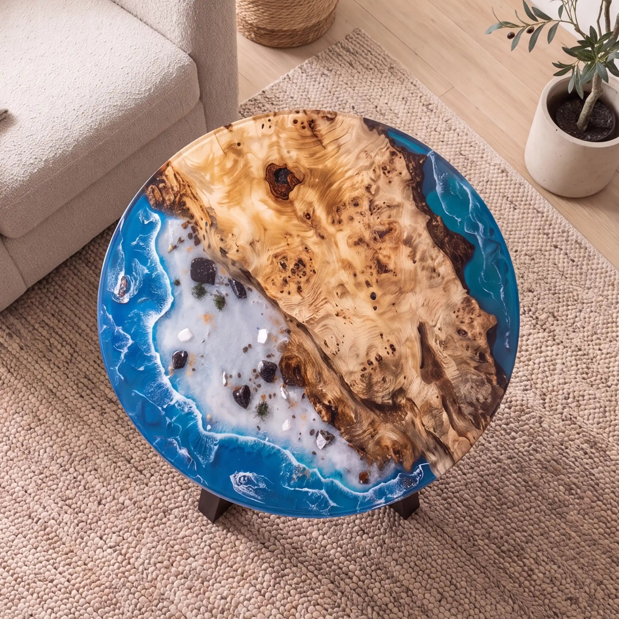 32"x32"x2" Poplar Wood & Coastal Ocean Resin Round Coffee Table PRC15