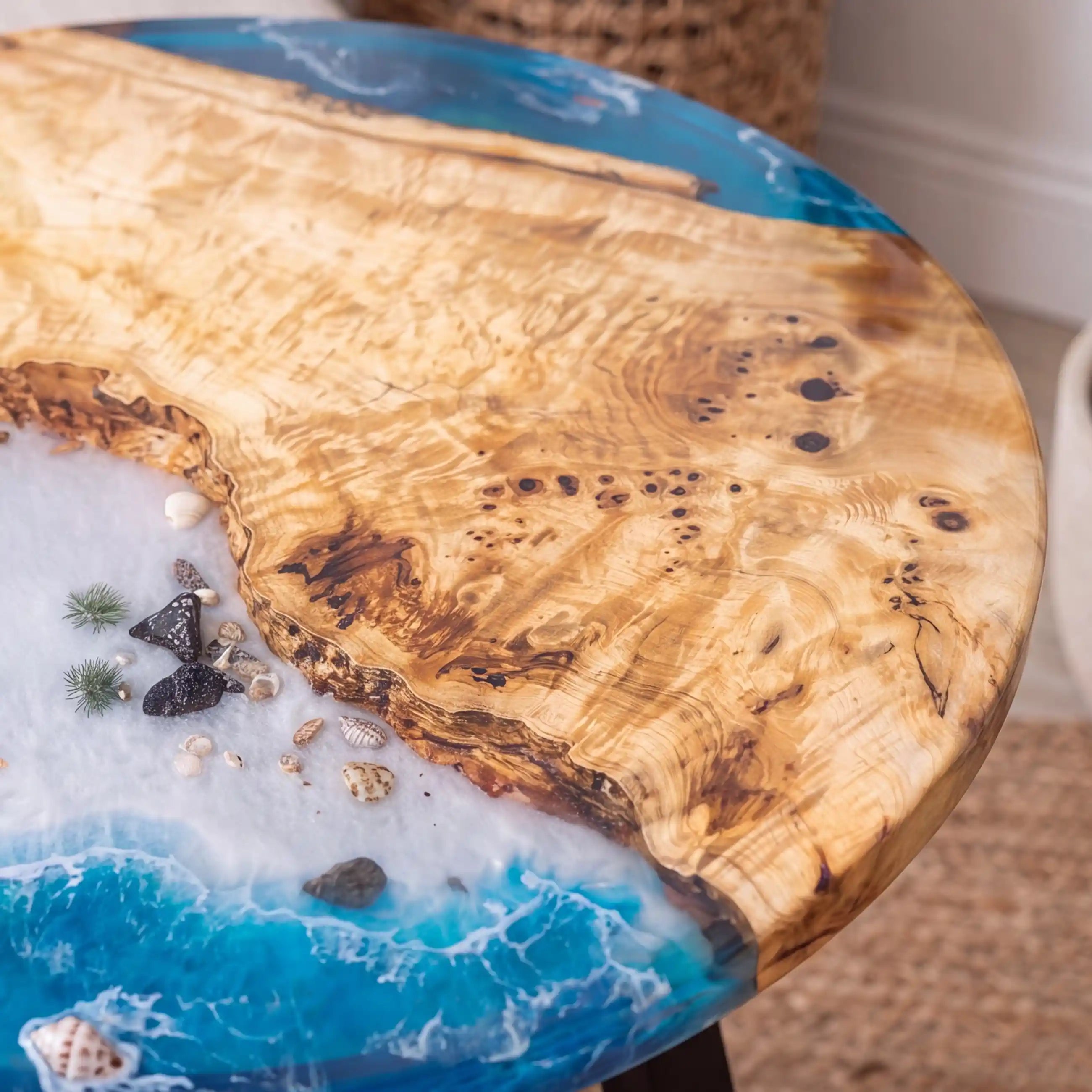 32"x32"x2" Poplar Wood & Coastal Ocean Resin Round Coffee Table PRC13
