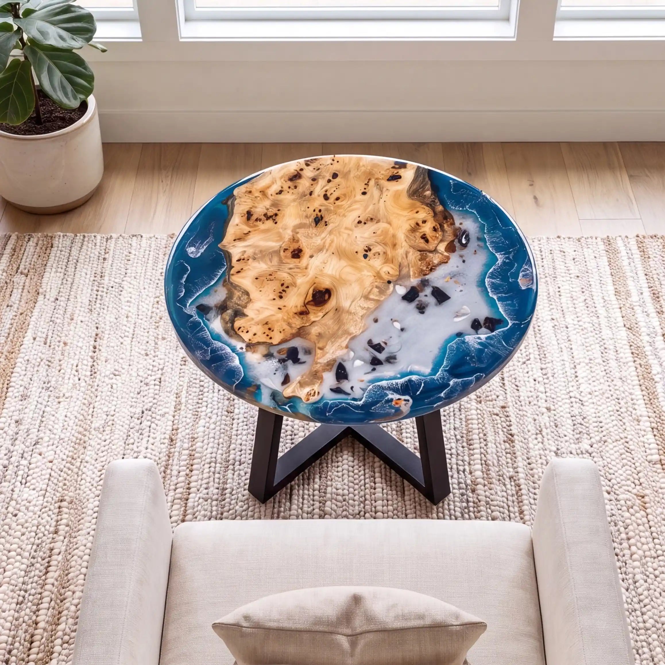 32"x32"x2" Poplar Wood & Coastal Ocean Resin Round Coffee Table PRC14